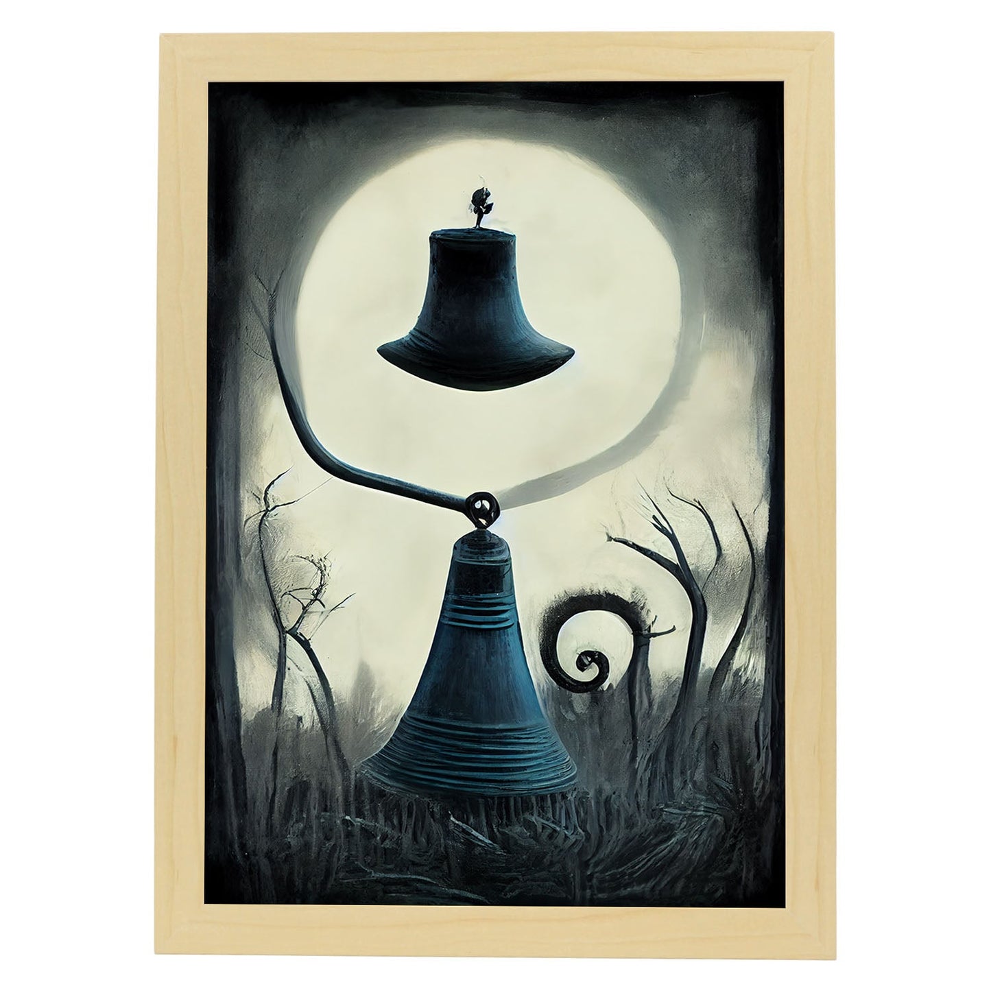 Nacnic Lámina Campana Paciente al estilo de T. Burton. Ilustraciones de escenas y lugares inspiradas en arte gótico y oscuro. Diseño y Decoración de Interiores.-Artwork-Nacnic-A4-Marco Madera clara-Nacnic Estudio SL