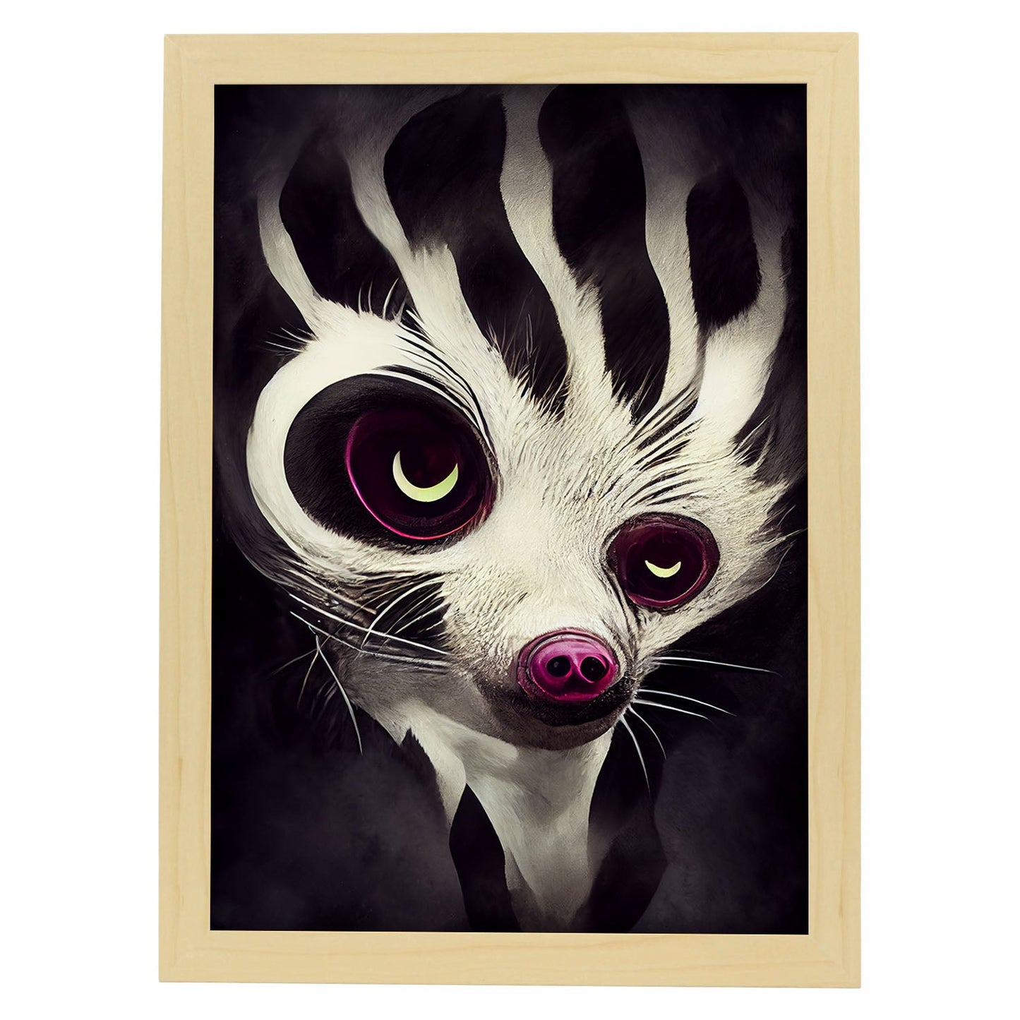 Nacnic Lámina Cara Civeta Responsable estilo T. Burton. Ilustraciones y pósters de animales inspirados en el arte gótico y oscuro de Burton. Diseño y Decoración de Interiores.-Artwork-Nacnic-A4-Marco Madera clara-Nacnic Estudio SL