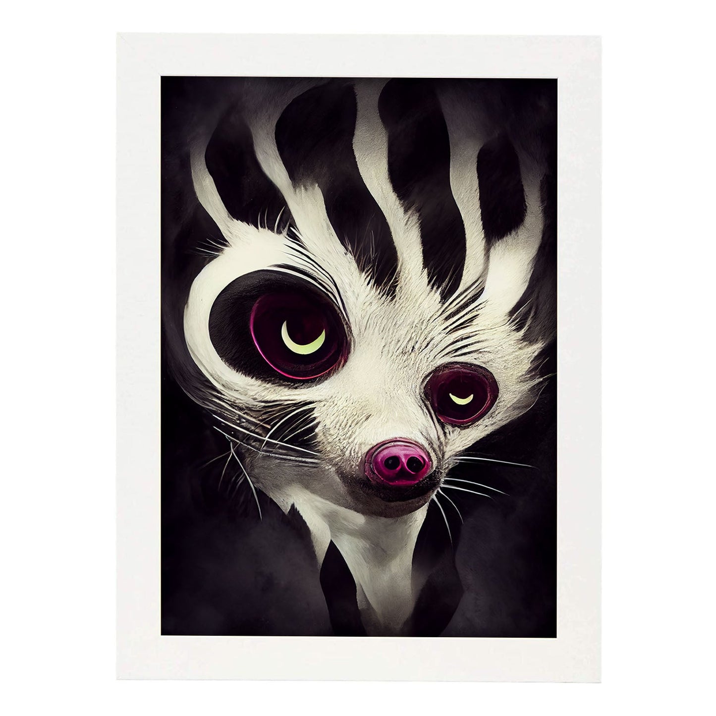 Nacnic Lámina Cara Civeta Responsable estilo T. Burton. Ilustraciones y pósters de animales inspirados en el arte gótico y oscuro de Burton. Diseño y Decoración de Interiores.-Artwork-Nacnic-A4-Marco Blanco-Nacnic Estudio SL