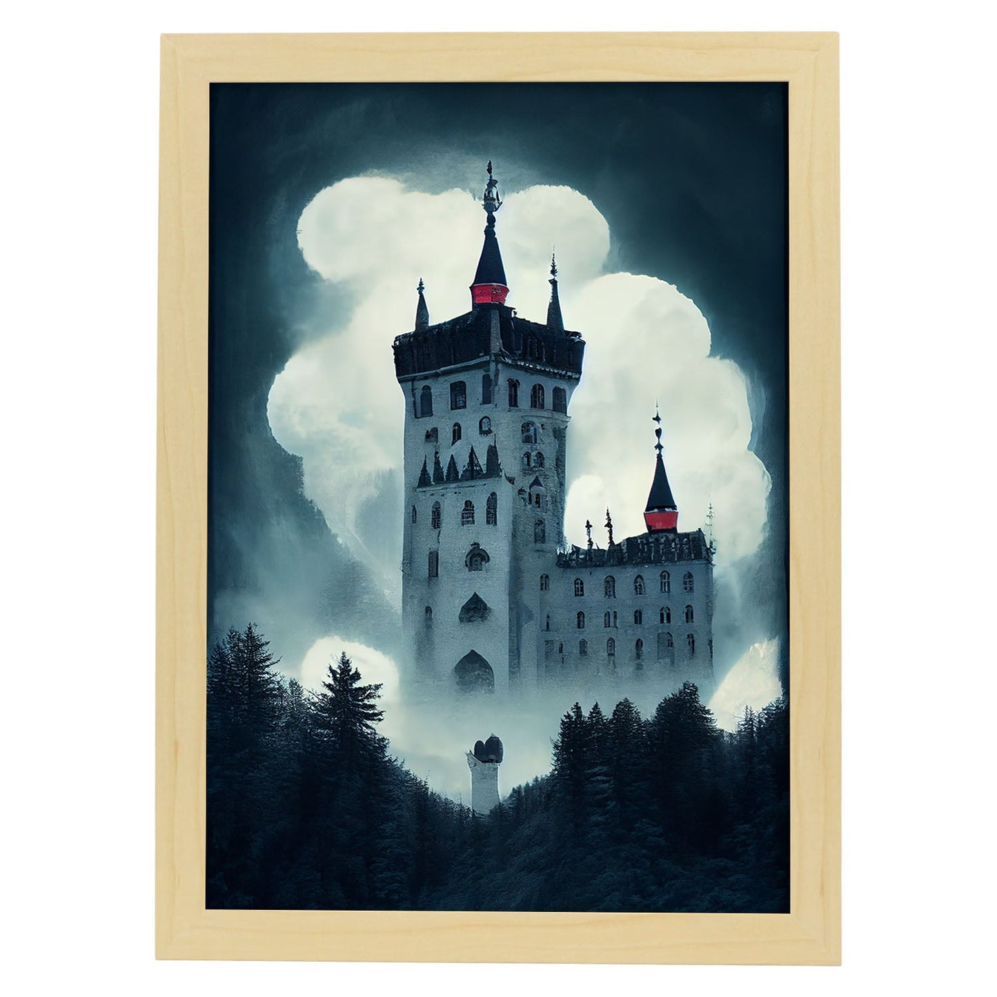 Nacnic Lámina Castillo Neuschwanstein Imaginativo al estilo de T. Burton. Ilustraciones de monumentos, ciudades, paises inspiradas en arte gótico y oscuro. Diseño y Decoración de Interiores.-Artwork-Nacnic-A4-Marco Madera clara-Nacnic Estudio SL