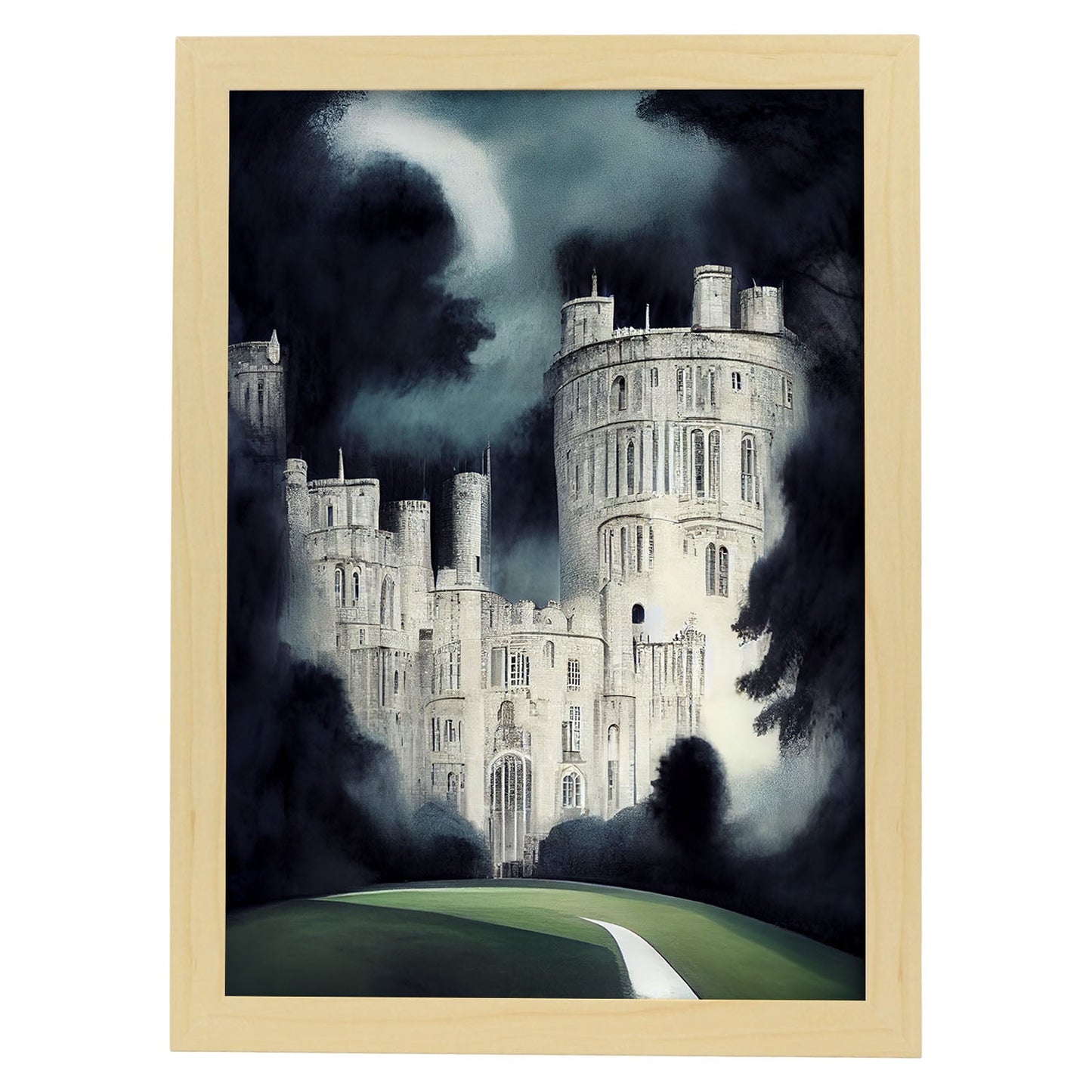 Nacnic Lámina Castillo Windsor de noche Confiado al estilo de T. Burton. Ilustraciones de monumentos, ciudades, paises inspiradas en arte gótico y oscuro. Diseño y Decoración de Interiores.-Artwork-Nacnic-A4-Marco Madera clara-Nacnic Estudio SL