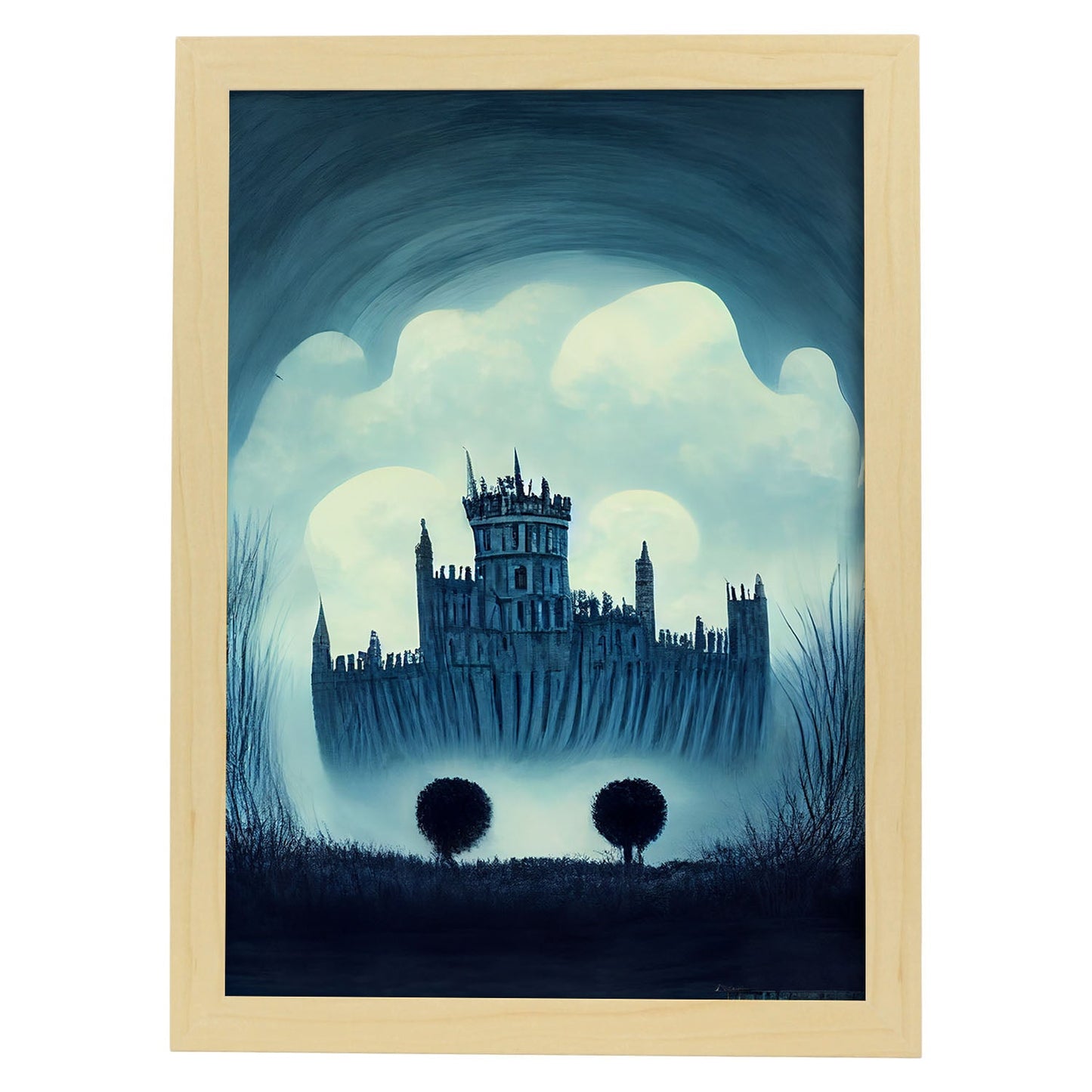Nacnic Lámina Castillo Windsor Humilde al estilo de T. Burton. Ilustraciones de monumentos, ciudades, paises inspiradas en arte gótico y oscuro. Diseño y Decoración de Interiores.-Artwork-Nacnic-A4-Marco Madera clara-Nacnic Estudio SL