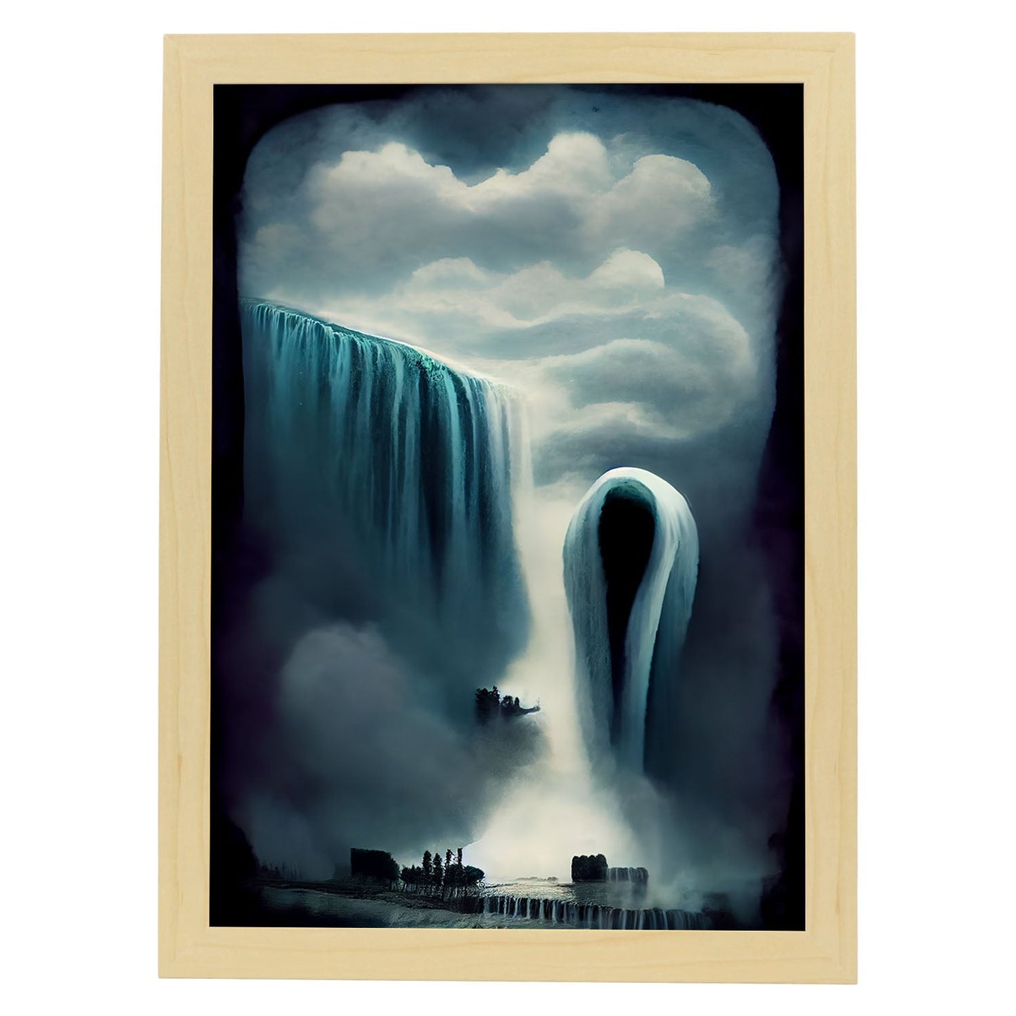 Nacnic Lámina Cataratas Niagara Curioso al estilo de T. Burton. Ilustraciones de monumentos, ciudades, paises inspiradas en arte gótico y oscuro. Diseño y Decoración de Interiores.-Artwork-Nacnic-A4-Marco Madera clara-Nacnic Estudio SL