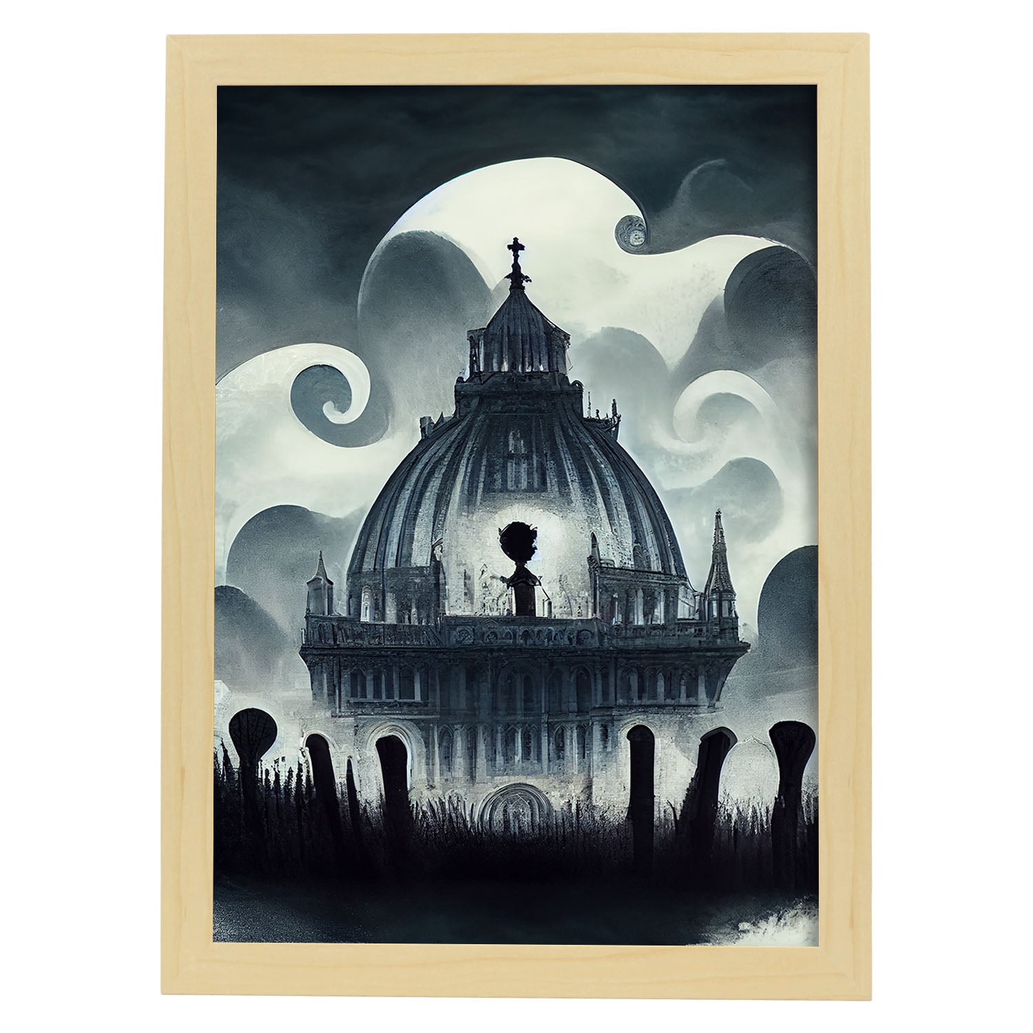 Nacnic Lámina Catedral San Basilio Racional al estilo de T. Burton. Ilustraciones de monumentos, ciudades, paises inspiradas en arte gótico y oscuro. Diseño y Decoración de Interiores.-Artwork-Nacnic-A4-Marco Madera clara-Nacnic Estudio SL