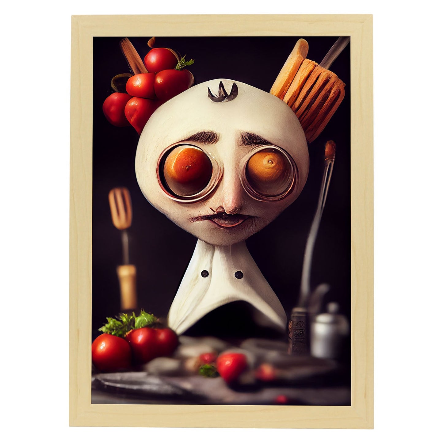 Nacnic Lámina Chef Leal al estilo de T. Burton. Ilustraciones de profesiones y oficios inspiradas en arte gótico y oscuro. Diseño y Decoración de Interiores.-Artwork-Nacnic-A4-Marco Madera clara-Nacnic Estudio SL