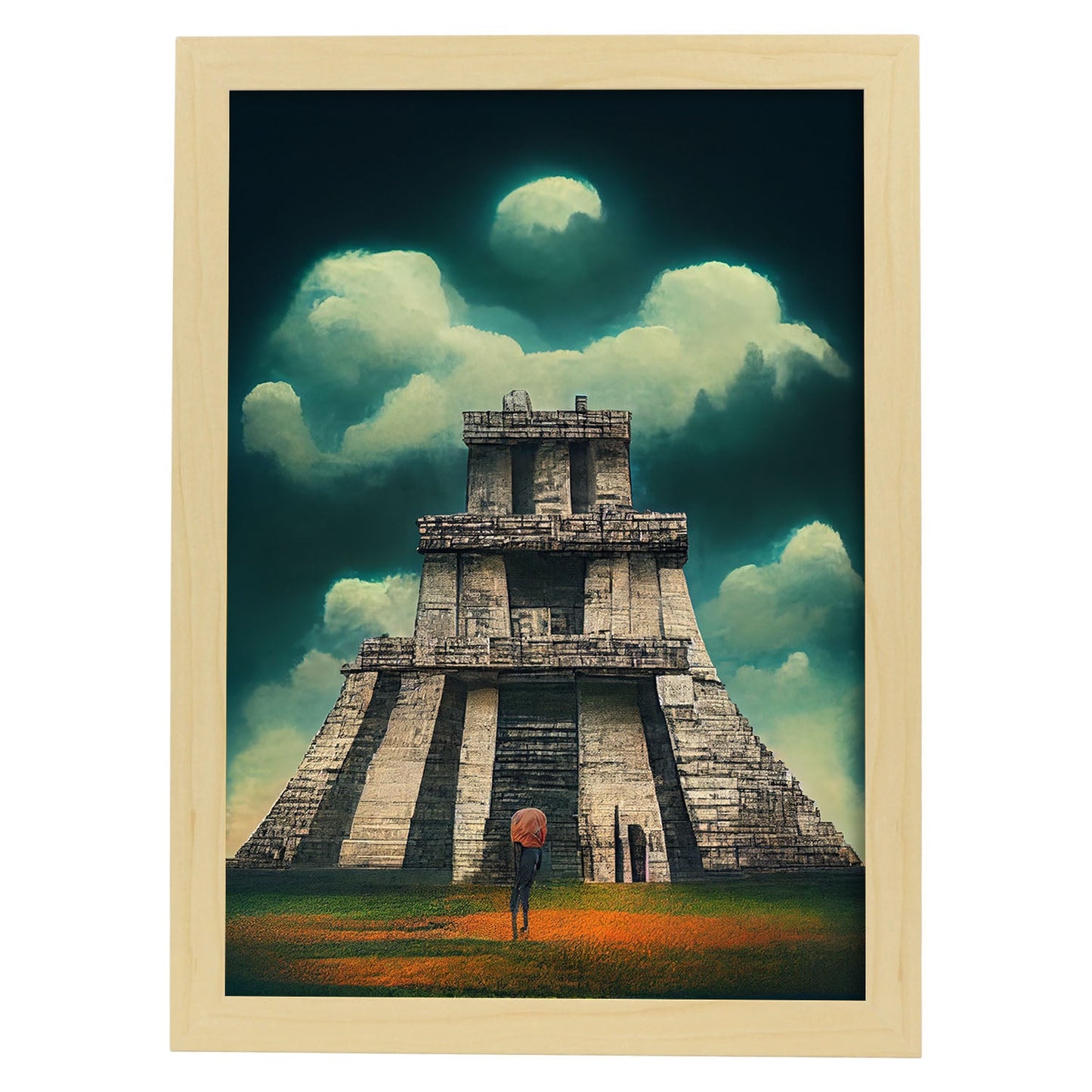 Nacnic Lámina Chichen Itza Creativo al estilo de T. Burton. Ilustraciones de monumentos, ciudades, paises inspiradas en arte gótico y oscuro. Diseño y Decoración de Interiores.-Artwork-Nacnic-A4-Marco Madera clara-Nacnic Estudio SL