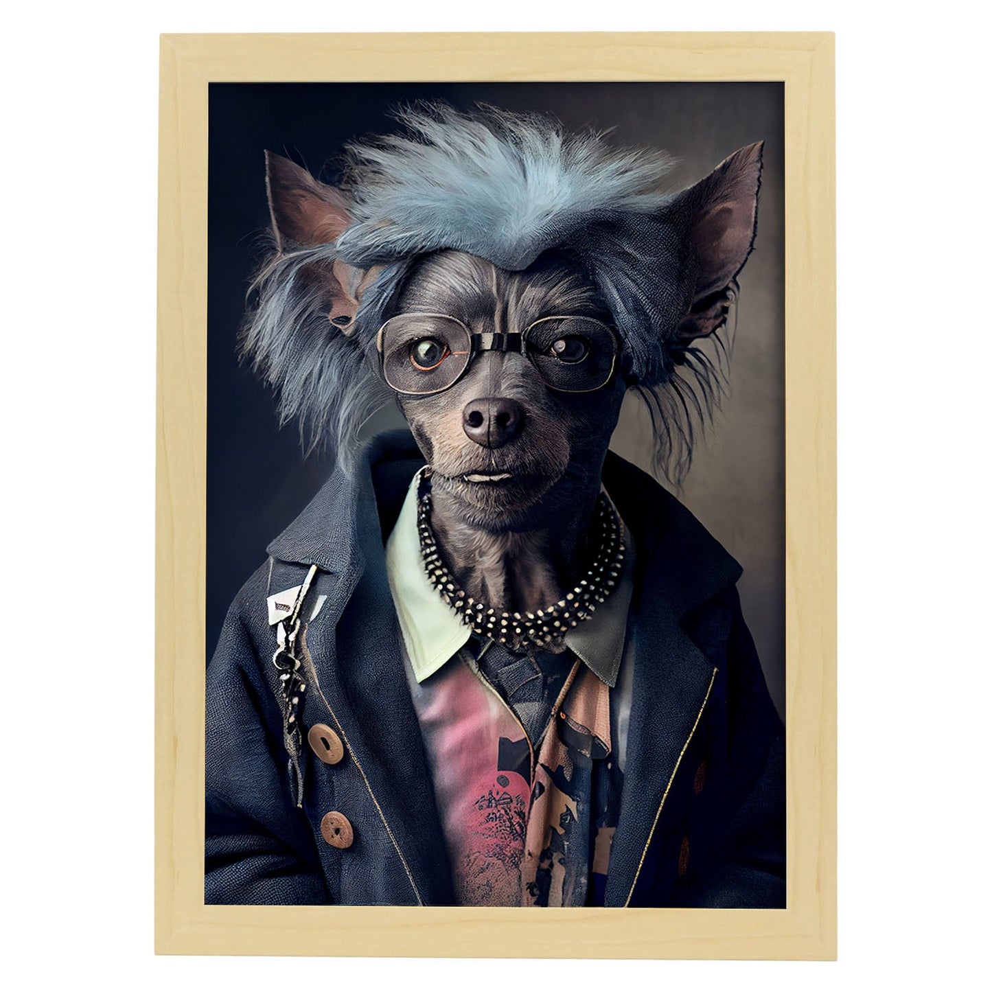 Nacnic Lámina Chihuahua Valiente en estilo Fotografía a todo color. Divertidas ilustraciones realistas de animales con ropa humana. Diseño y Decoración de Interiores.-Artwork-Nacnic-A4-Marco Madera clara-Nacnic Estudio SL