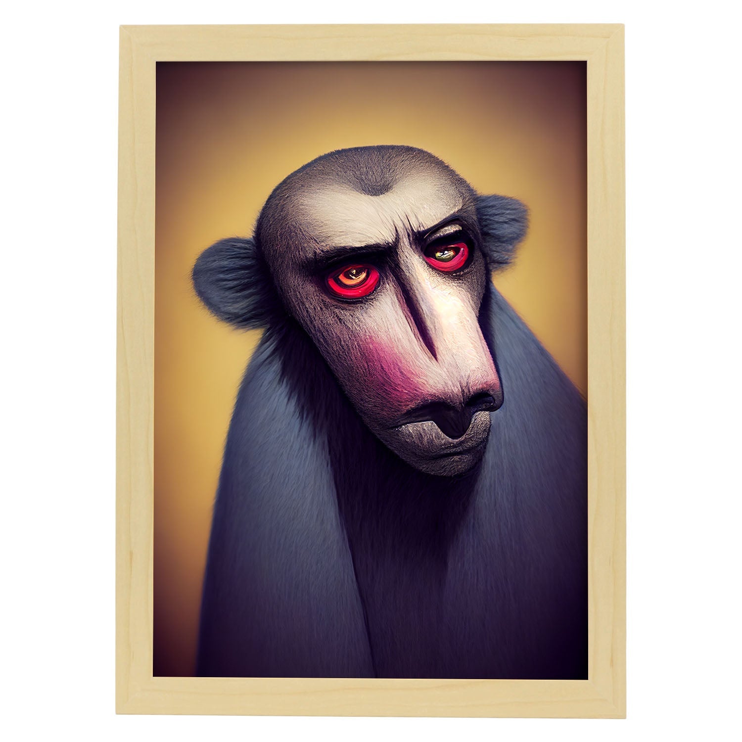Nacnic Lámina Chimpancé Intelectual estilo T. Burton. Ilustraciones y pósters de animales inspirados en el arte gótico y oscuro de Burton. Diseño y Decoración de Interiores.-Artwork-Nacnic-A4-Marco Madera clara-Nacnic Estudio SL