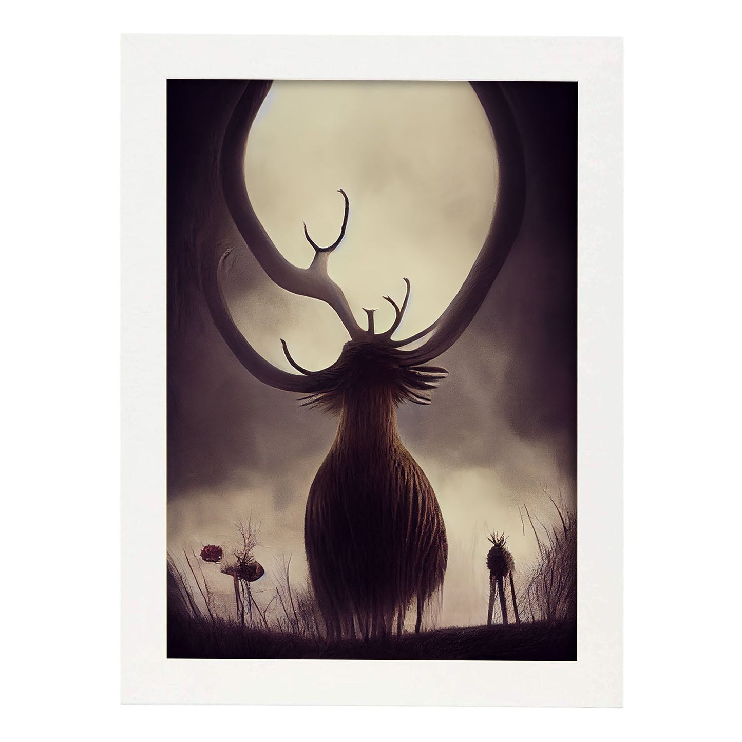 Nacnic Lámina Ciervo Responsable estilo T. Burton. Ilustraciones y pósters de animales inspirados en el arte gótico y oscuro de Burton. Diseño y Decoración de Interiores.-Artwork-Nacnic-A4-Marco Blanco-Nacnic Estudio SL