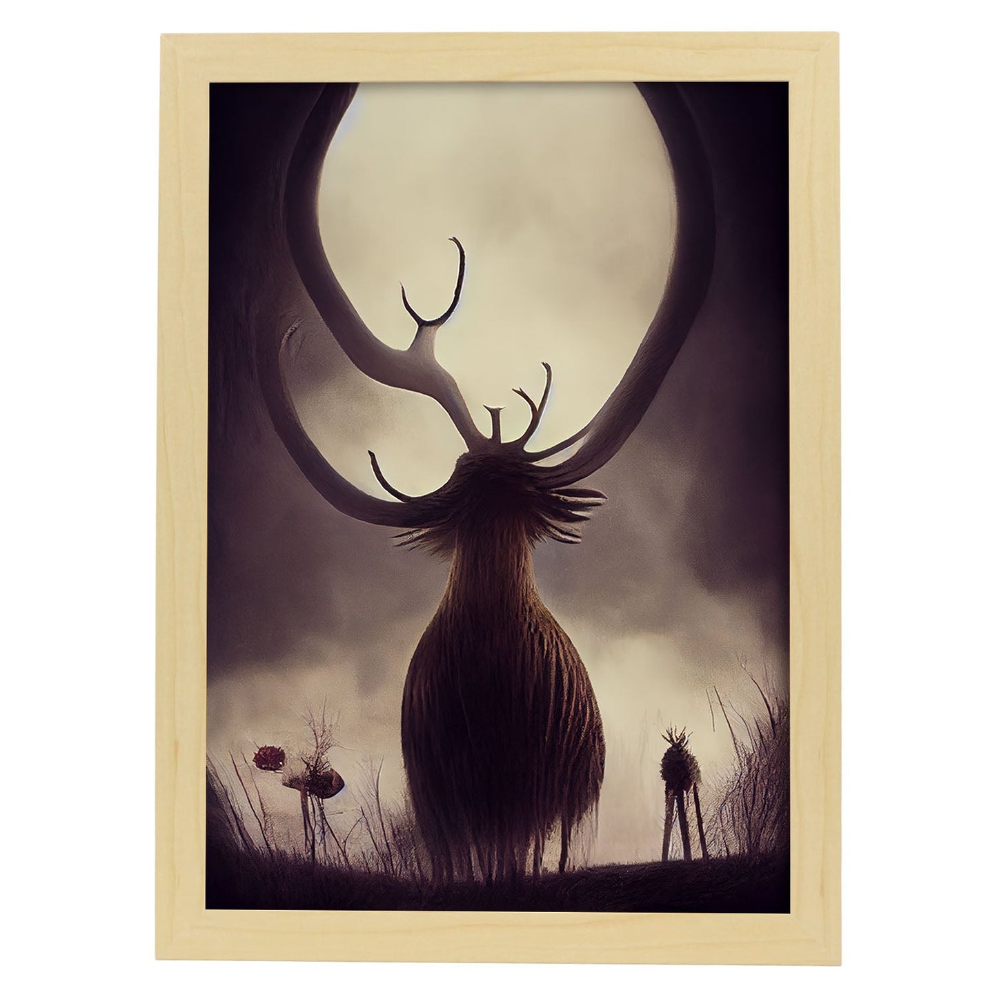 Nacnic Lámina Ciervo Responsable estilo T. Burton. Ilustraciones y pósters de animales inspirados en el arte gótico y oscuro de Burton. Diseño y Decoración de Interiores.-Artwork-Nacnic-A4-Marco Madera clara-Nacnic Estudio SL