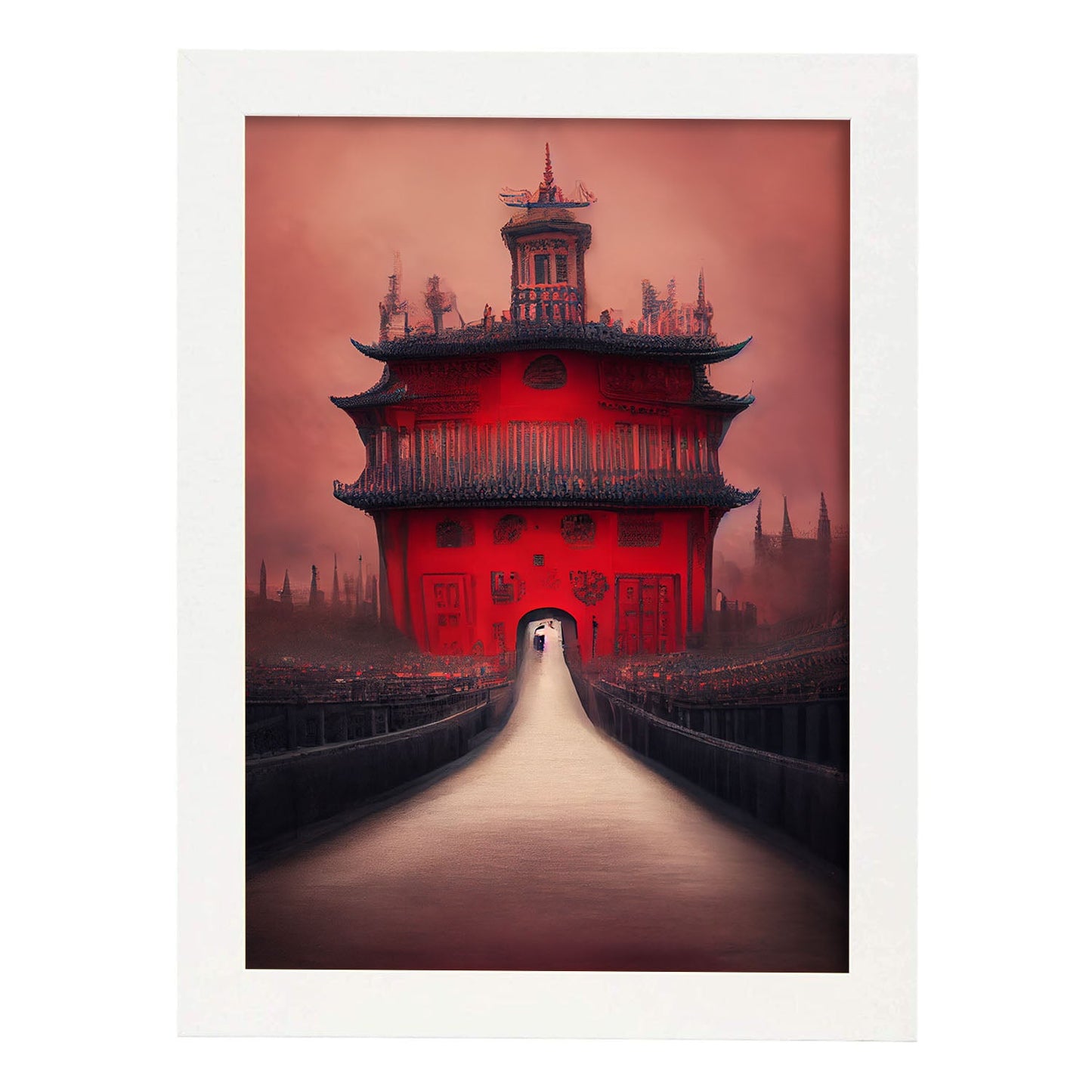 Nacnic Lámina Ciudad Prohibida Amable al estilo de T. Burton. Ilustraciones de monumentos, ciudades, paises inspiradas en arte gótico y oscuro. Diseño y Decoración de Interiores.-Artwork-Nacnic-A4-Marco Blanco-Nacnic Estudio SL