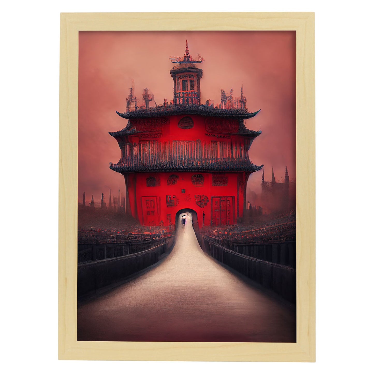 Nacnic Lámina Ciudad Prohibida Amable al estilo de T. Burton. Ilustraciones de monumentos, ciudades, paises inspiradas en arte gótico y oscuro. Diseño y Decoración de Interiores.-Artwork-Nacnic-A4-Marco Madera clara-Nacnic Estudio SL
