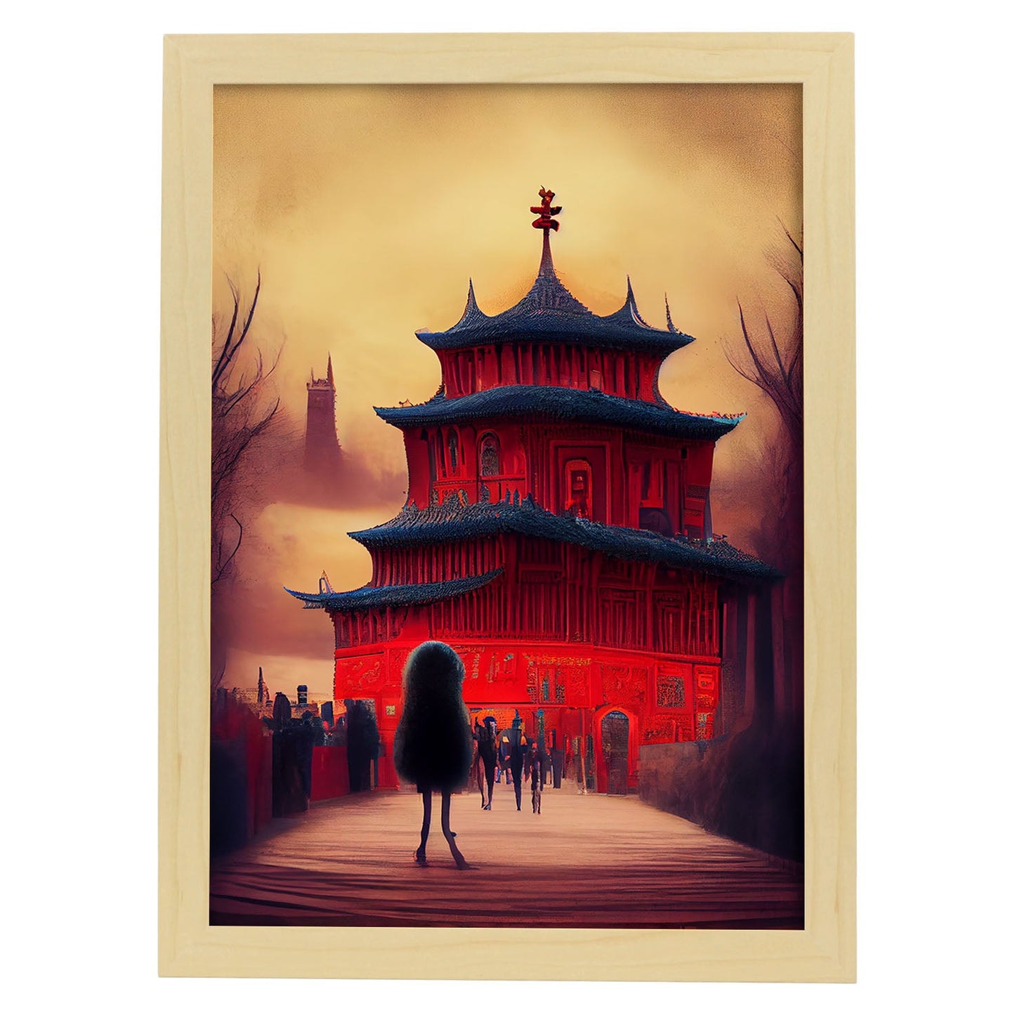 Nacnic Lámina Ciudad Prohibida Racional al estilo de T. Burton. Ilustraciones de monumentos, ciudades, paises inspiradas en arte gótico y oscuro. Diseño y Decoración de Interiores.-Artwork-Nacnic-A4-Marco Madera clara-Nacnic Estudio SL
