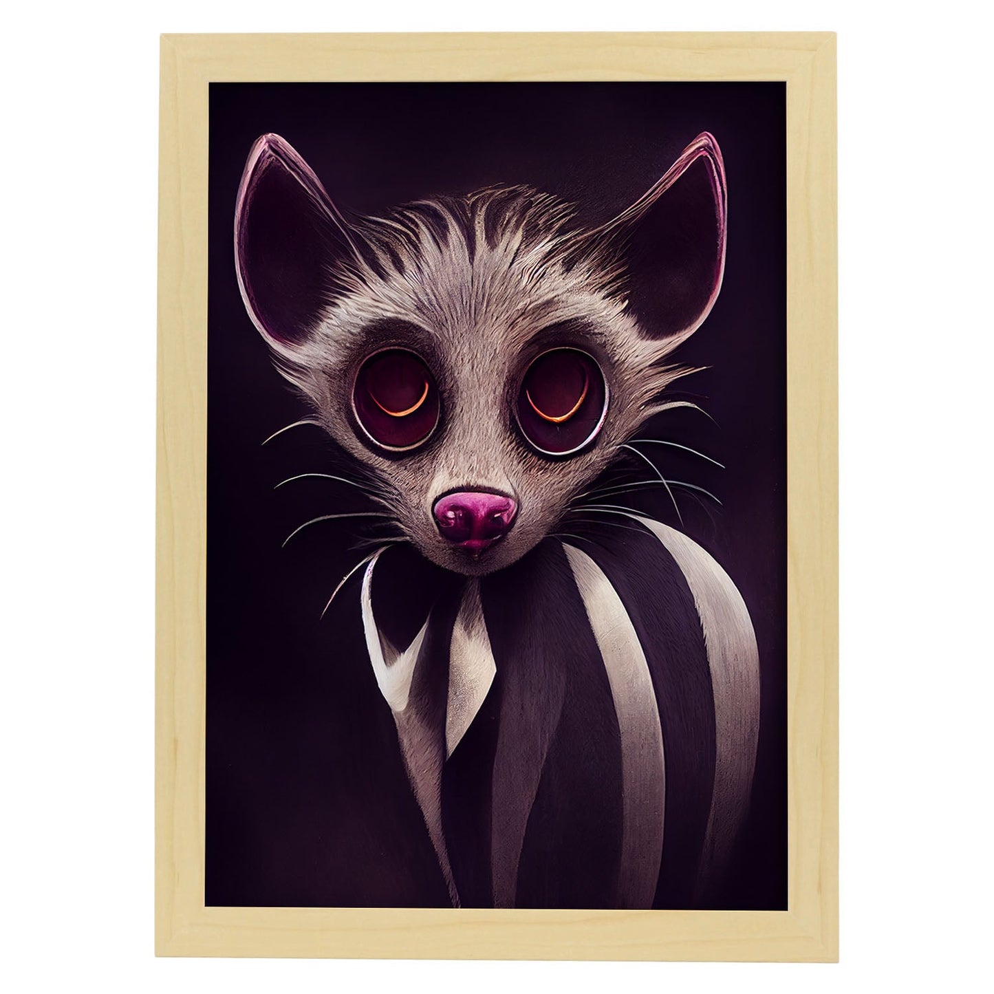 Nacnic Lámina Civeta Imaginativo estilo T. Burton. Ilustraciones y pósters de animales inspirados en el arte gótico y oscuro de Burton. Diseño y Decoración de Interiores.-Artwork-Nacnic-A4-Marco Madera clara-Nacnic Estudio SL
