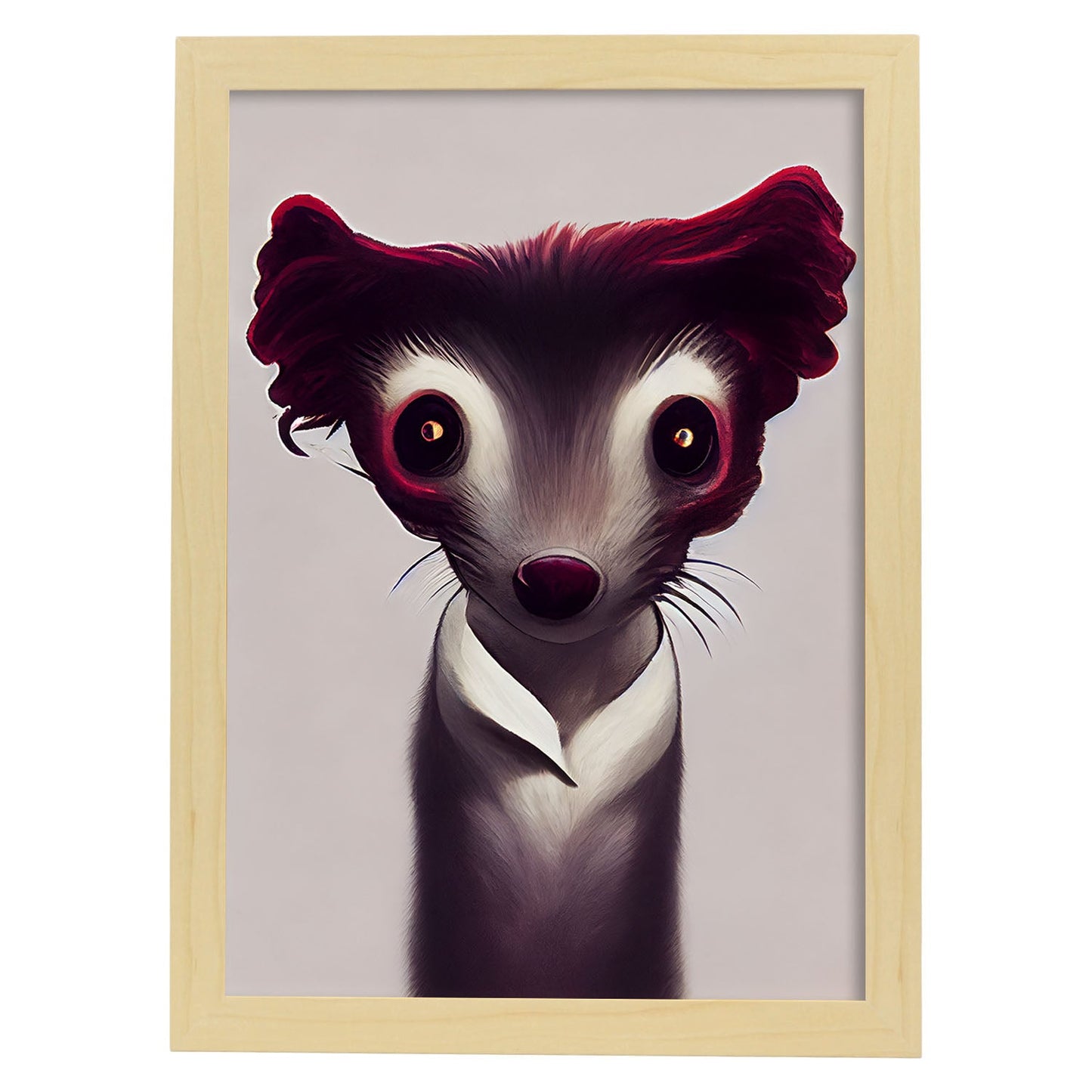 Nacnic Lámina Comadreja Tolerante estilo T. Burton. Ilustraciones y pósters de animales inspirados en el arte gótico y oscuro de Burton. Diseño y Decoración de Interiores.-Artwork-Nacnic-A4-Marco Madera clara-Nacnic Estudio SL