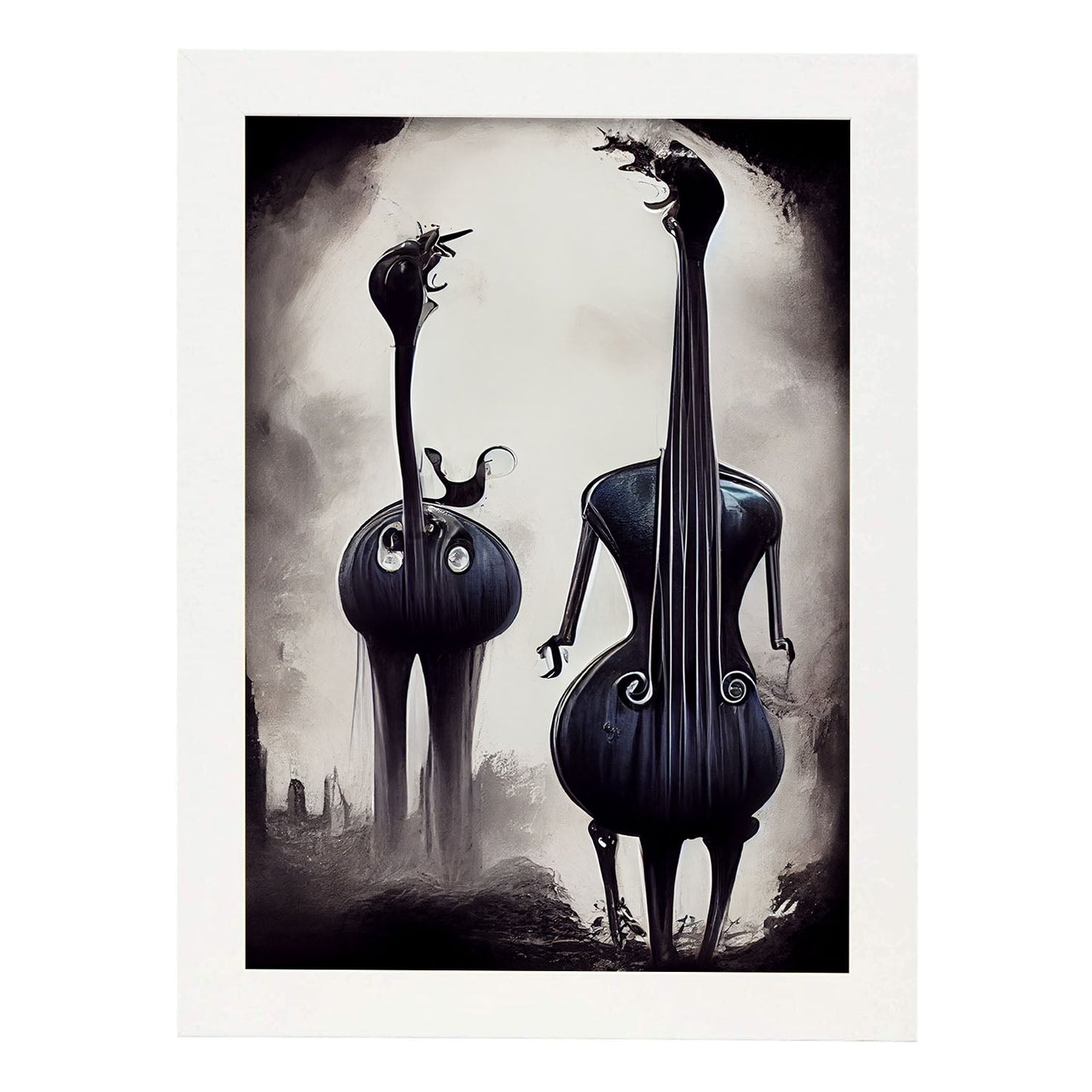Nacnic Lámina Contrabajo Paciente al estilo de T. Burton. Ilustraciones de escenas y lugares inspiradas en arte gótico y oscuro. Diseño y Decoración de Interiores.-Artwork-Nacnic-A4-Marco Blanco-Nacnic Estudio SL