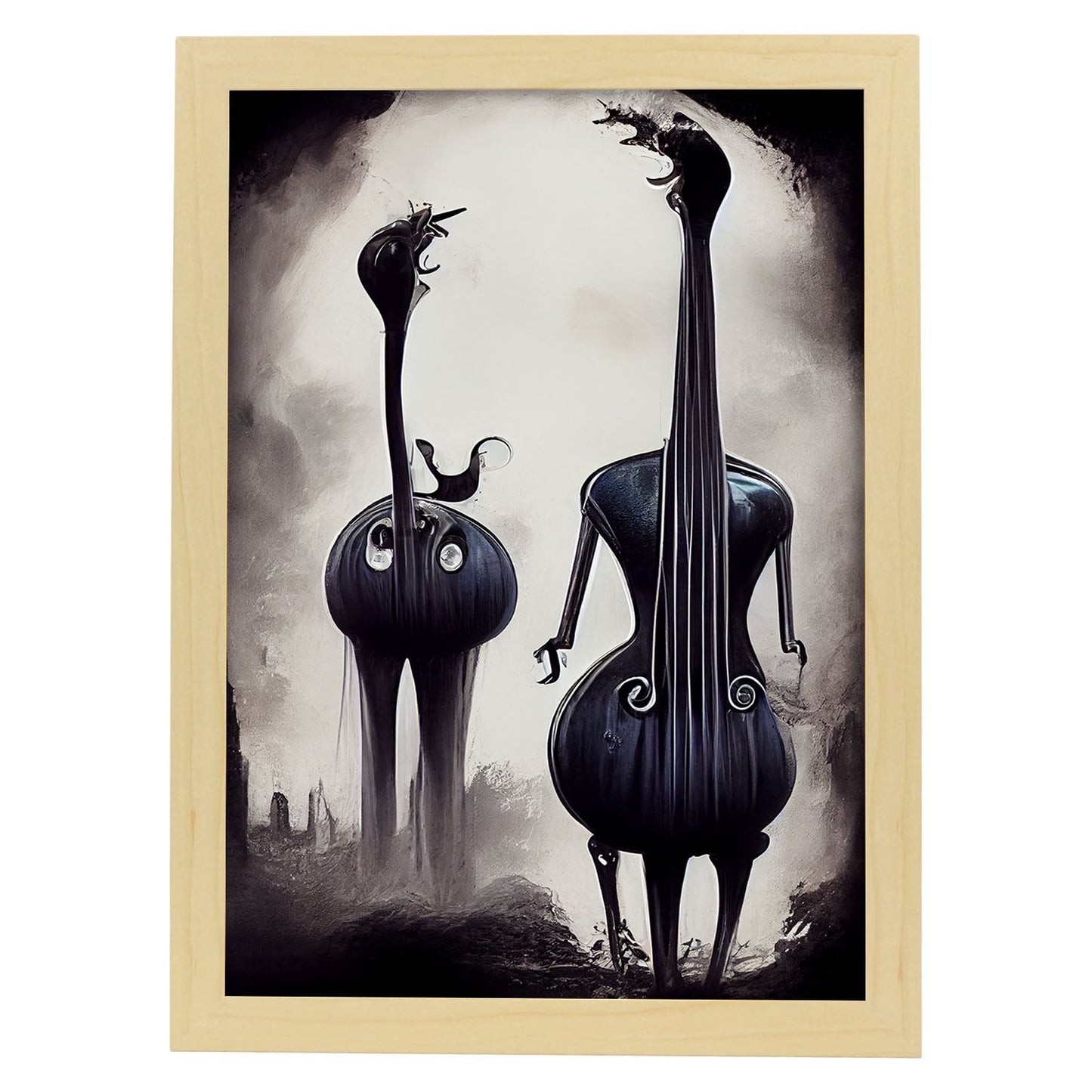 Nacnic Lámina Contrabajo Paciente al estilo de T. Burton. Ilustraciones de escenas y lugares inspiradas en arte gótico y oscuro. Diseño y Decoración de Interiores.-Artwork-Nacnic-A4-Marco Madera clara-Nacnic Estudio SL