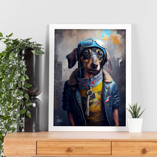 Nacnic Lámina Dachshund aviador Valiente en estilo Fotografía a todo color. Divertidas ilustraciones realistas de animales con ropa humana. Diseño y Decoración de Interiores.-Artwork-Nacnic-Nacnic Estudio SL