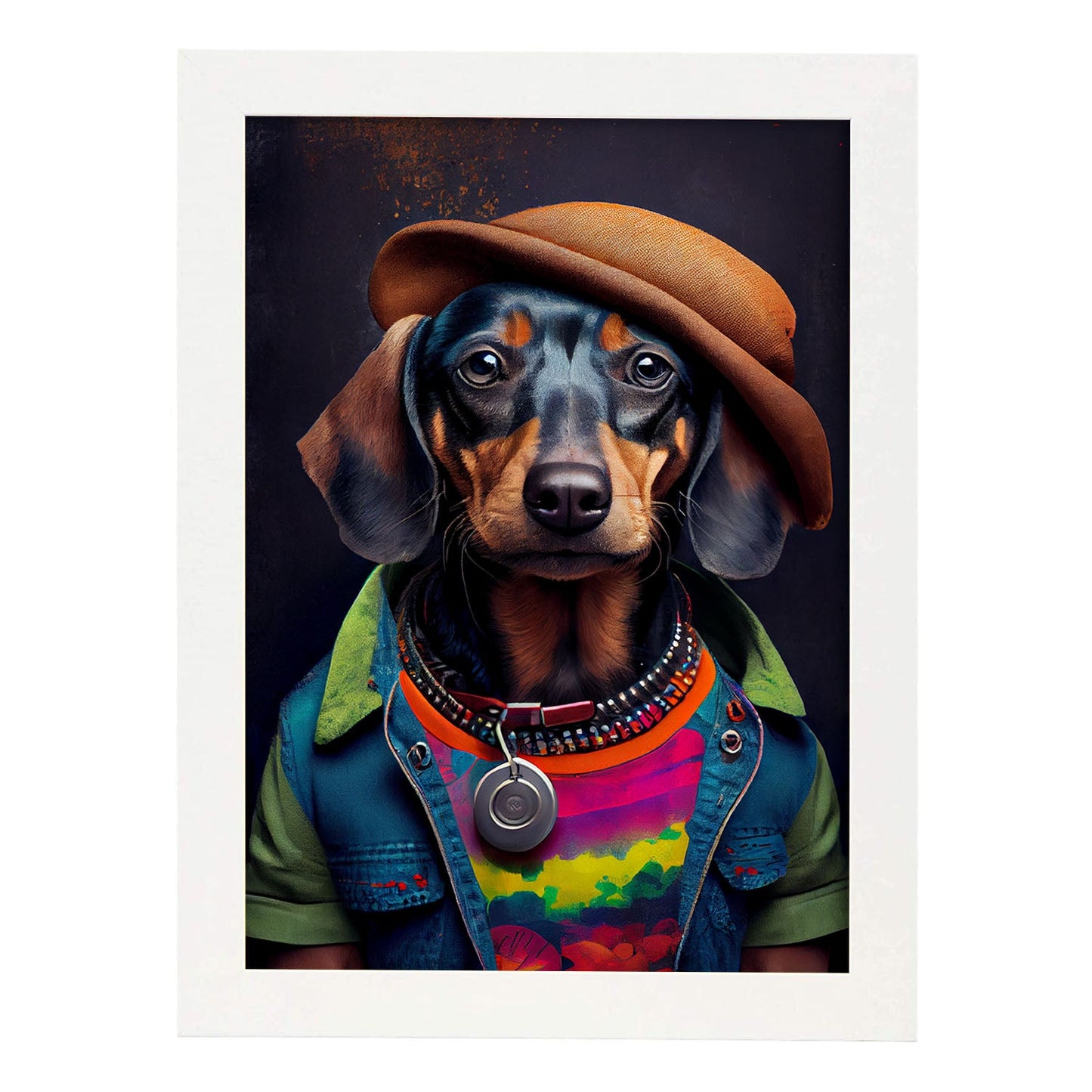 Nacnic Lámina Dachshund Compasivo en estilo Fotografía a todo color. Divertidas ilustraciones realistas de animales con ropa humana. Diseño y Decoración de Interiores.-Artwork-Nacnic-A4-Marco Blanco-Nacnic Estudio SL