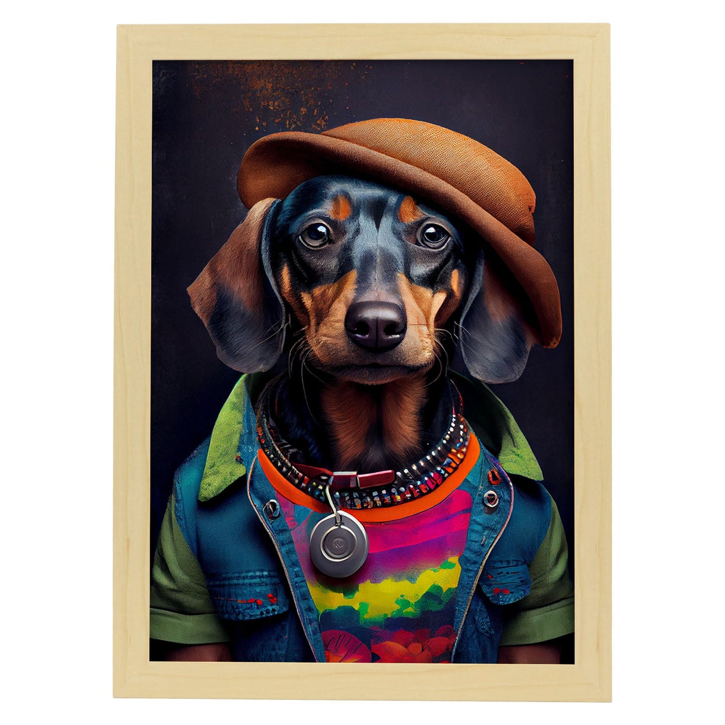 Nacnic Lámina Dachshund Compasivo en estilo Fotografía a todo color. Divertidas ilustraciones realistas de animales con ropa humana. Diseño y Decoración de Interiores.-Artwork-Nacnic-A4-Marco Madera clara-Nacnic Estudio SL