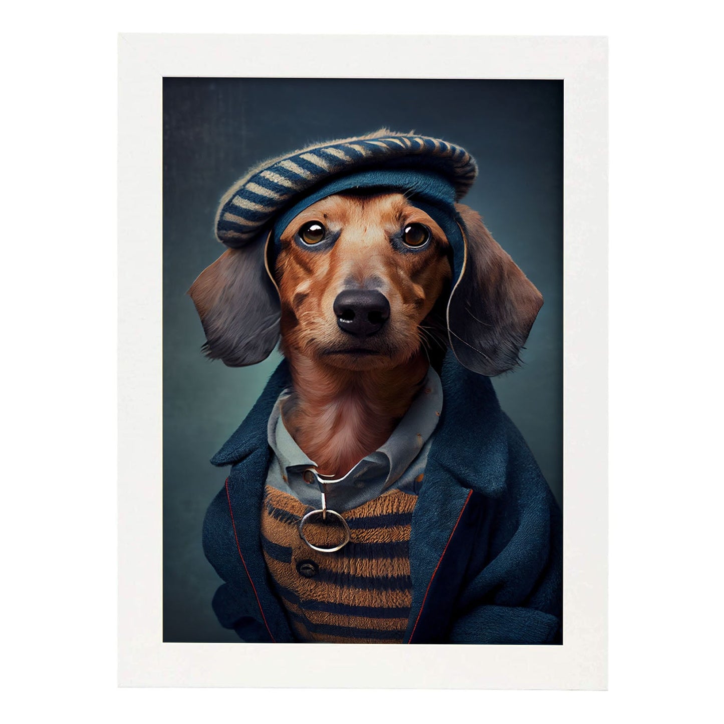 Nacnic Lámina Dachshund Curioso en estilo Fotografía a todo color. Divertidas ilustraciones realistas de animales con ropa humana. Diseño y Decoración de Interiores.-Artwork-Nacnic-A4-Marco Blanco-Nacnic Estudio SL