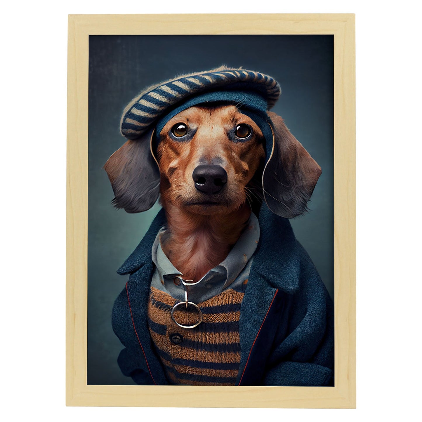 Nacnic Lámina Dachshund Curioso en estilo Fotografía a todo color. Divertidas ilustraciones realistas de animales con ropa humana. Diseño y Decoración de Interiores.-Artwork-Nacnic-A4-Marco Madera clara-Nacnic Estudio SL