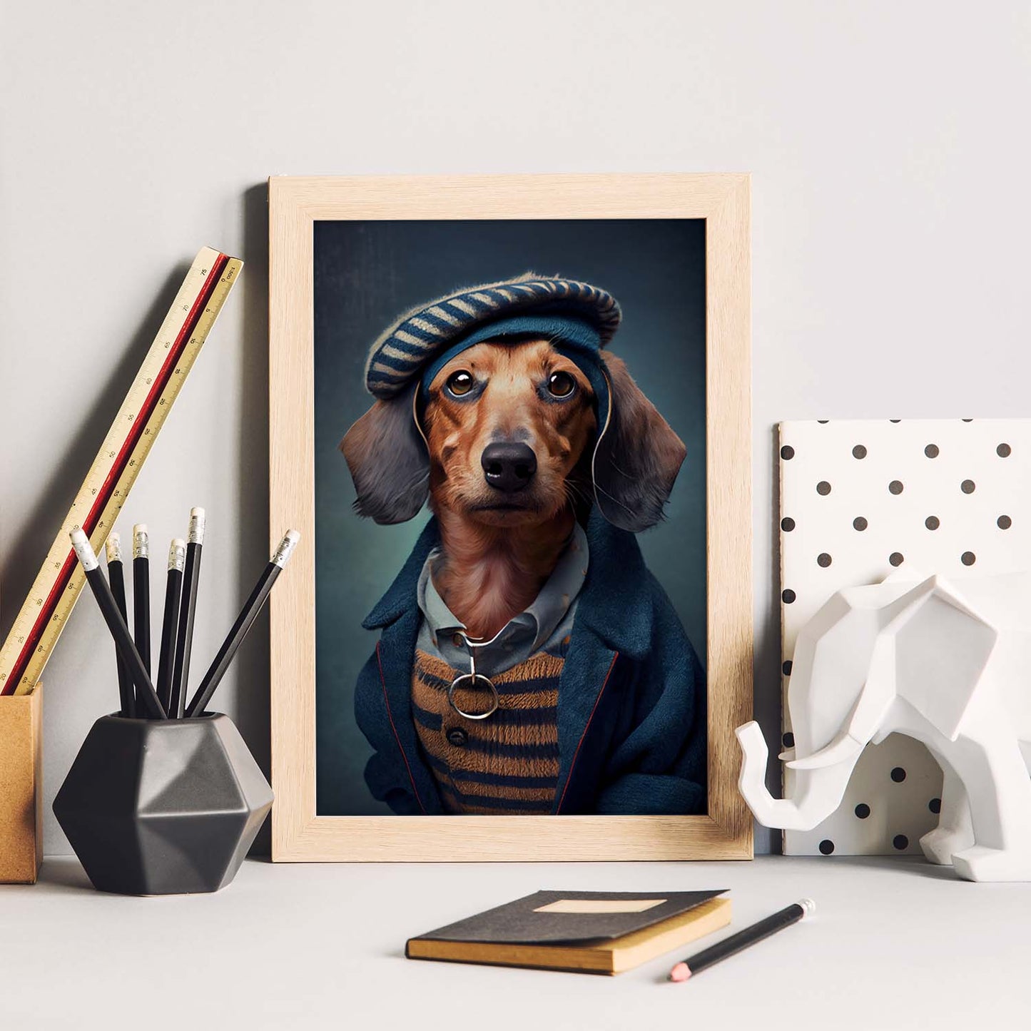 Nacnic Lámina Dachshund Curioso en estilo Fotografía a todo color. Divertidas ilustraciones realistas de animales con ropa humana. Diseño y Decoración de Interiores.-Artwork-Nacnic-Nacnic Estudio SL