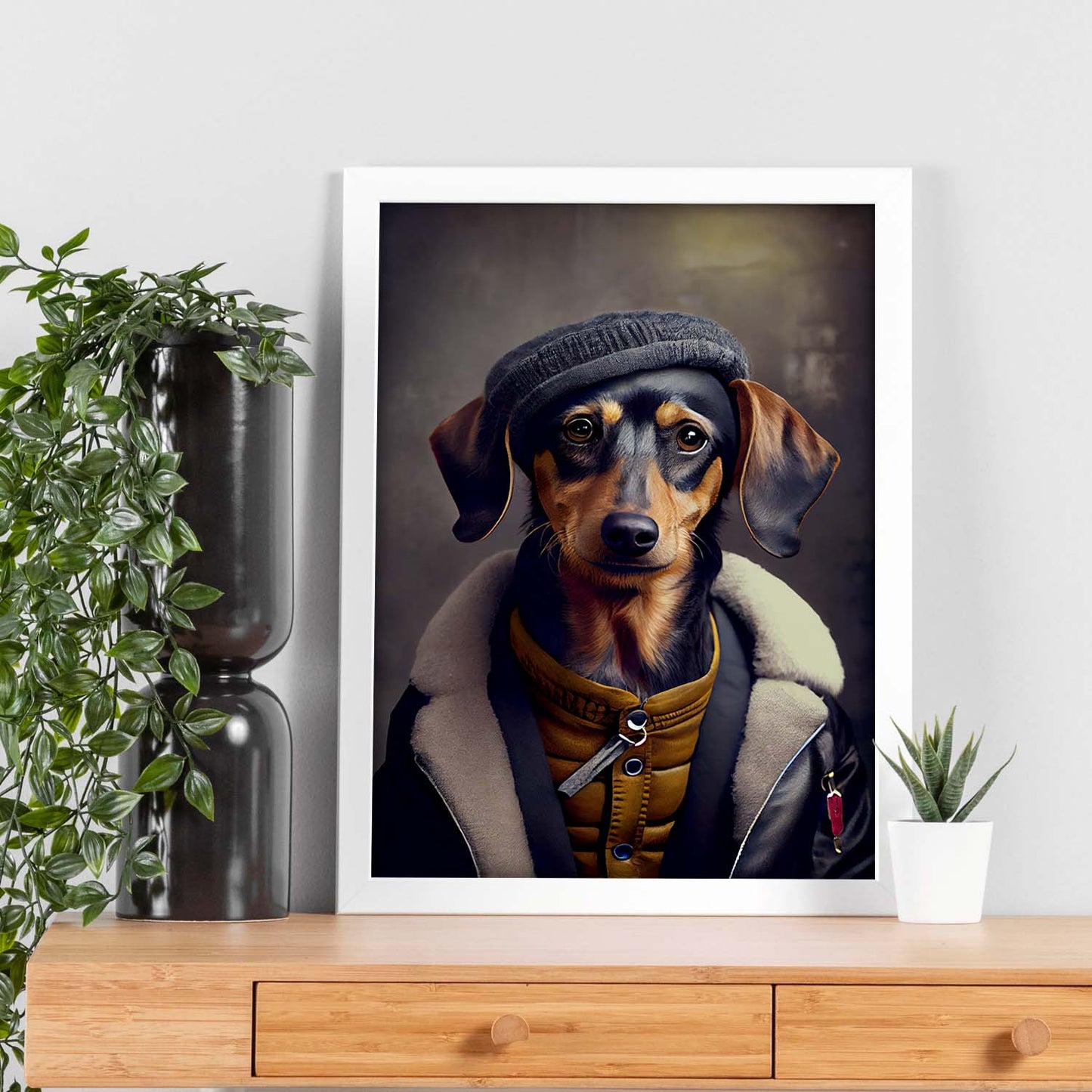 Nacnic Lámina Dachshund Dependiente en estilo Fotografía a todo color. Divertidas ilustraciones realistas de animales con ropa humana. Diseño y Decoración de Interiores.-Artwork-Nacnic-Nacnic Estudio SL