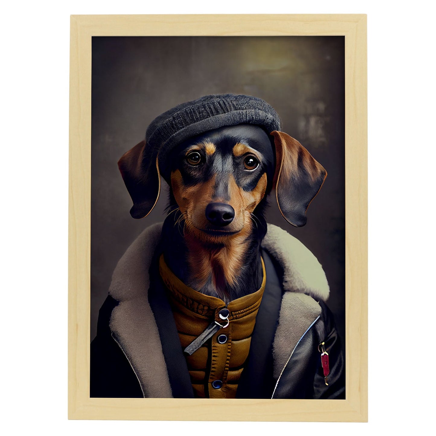 Nacnic Lámina Dachshund Dependiente en estilo Fotografía a todo color. Divertidas ilustraciones realistas de animales con ropa humana. Diseño y Decoración de Interiores.-Artwork-Nacnic-A4-Marco Madera clara-Nacnic Estudio SL