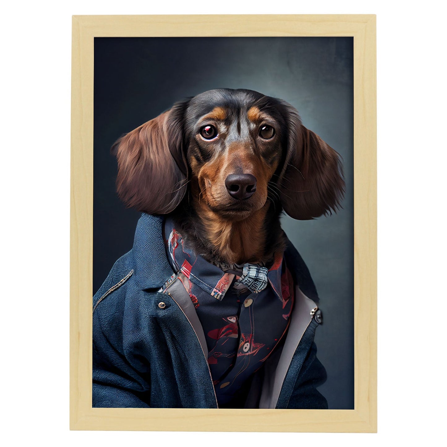 Nacnic Lámina Dachshund Paciente en estilo Fotografía a todo color. Divertidas ilustraciones realistas de animales con ropa humana. Diseño y Decoración de Interiores.-Artwork-Nacnic-A4-Marco Madera clara-Nacnic Estudio SL