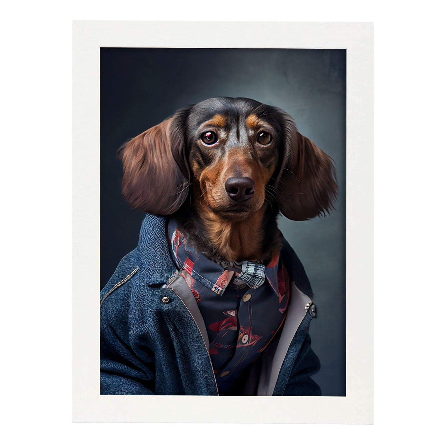 Nacnic Lámina Dachshund Paciente en estilo Fotografía a todo color. Divertidas ilustraciones realistas de animales con ropa humana. Diseño y Decoración de Interiores.-Artwork-Nacnic-A4-Marco Blanco-Nacnic Estudio SL