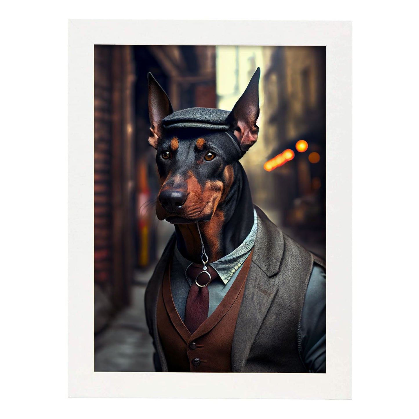 Nacnic Lámina Doberman Dependiente en estilo Fotografía a todo color. Divertidas ilustraciones realistas de animales con ropa humana. Diseño y Decoración de Interiores.-Artwork-Nacnic-A4-Marco Blanco-Nacnic Estudio SL