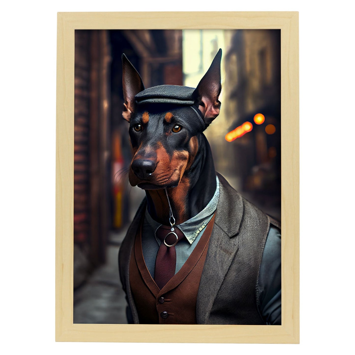 Nacnic Lámina Doberman Dependiente en estilo Fotografía a todo color. Divertidas ilustraciones realistas de animales con ropa humana. Diseño y Decoración de Interiores.-Artwork-Nacnic-A4-Marco Madera clara-Nacnic Estudio SL