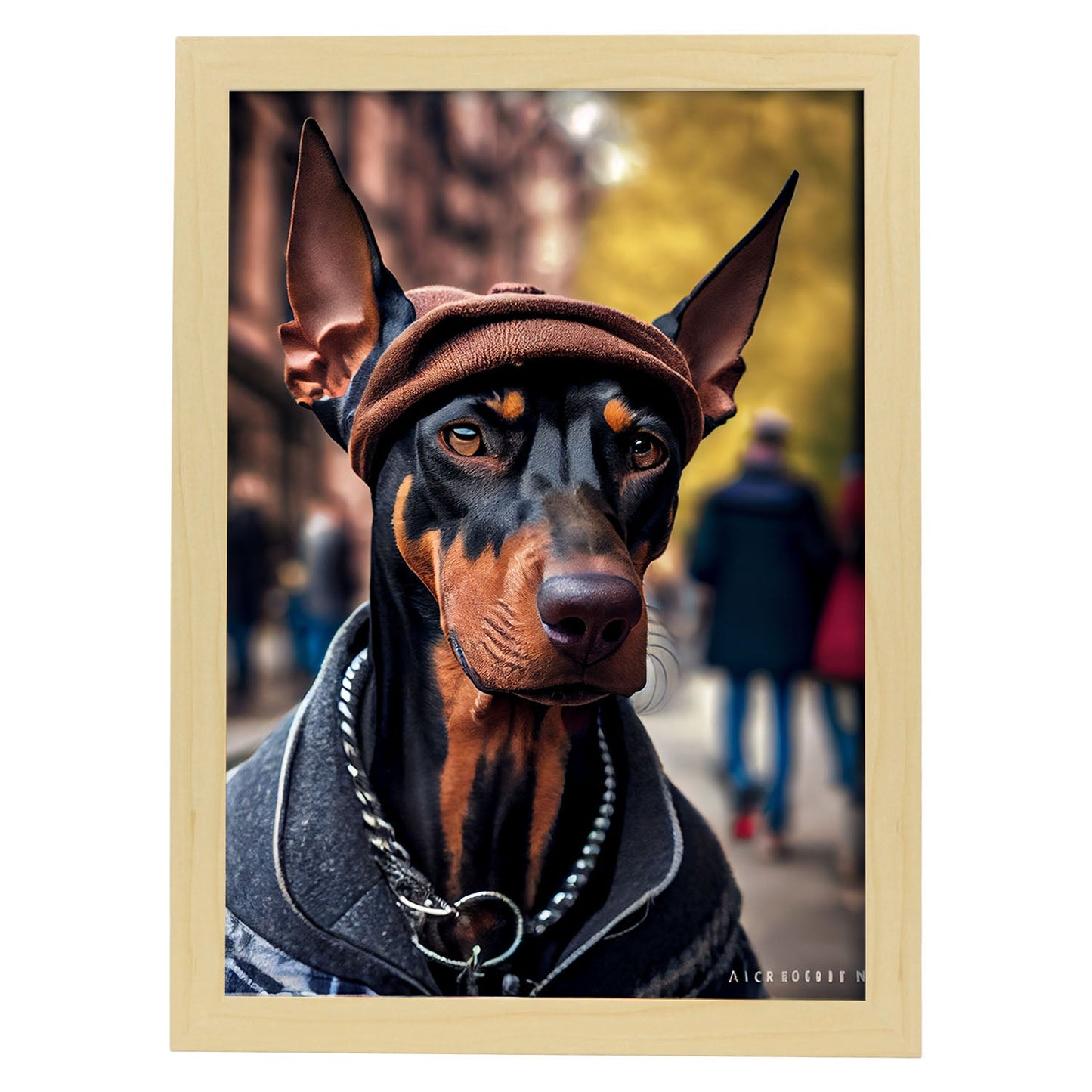 Nacnic Lámina Doberman Humilde en estilo Fotografía a todo color. Divertidas ilustraciones realistas de animales con ropa humana. Diseño y Decoración de Interiores.-Artwork-Nacnic-A4-Marco Madera clara-Nacnic Estudio SL