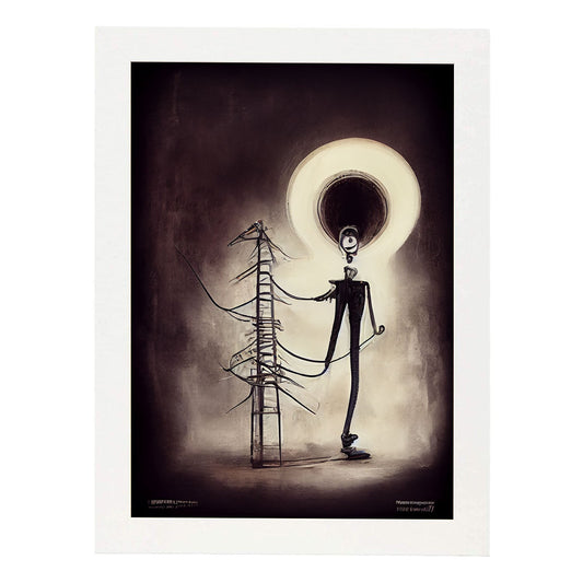 Nacnic Lámina Electricista Creativo al estilo de T. Burton. Ilustraciones de profesiones y oficios inspiradas en arte gótico y oscuro. Diseño y Decoración de Interiores.-Artwork-Nacnic-A4-Marco Blanco-Nacnic Estudio SL