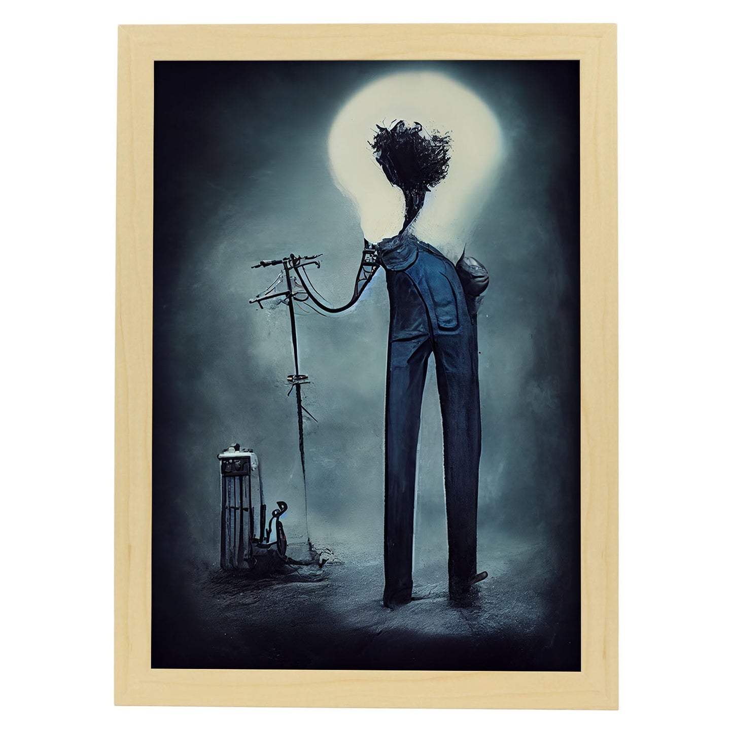 Nacnic Lámina Electricista Empático al estilo de T. Burton. Ilustraciones de profesiones y oficios inspiradas en arte gótico y oscuro. Diseño y Decoración de Interiores.-Artwork-Nacnic-A4-Marco Madera clara-Nacnic Estudio SL