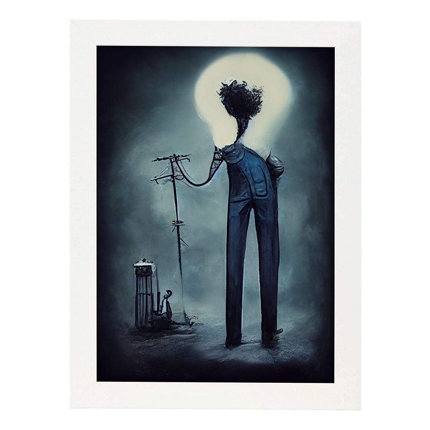 Nacnic Lámina Electricista Empático al estilo de T. Burton. Ilustraciones de profesiones y oficios inspiradas en arte gótico y oscuro. Diseño y Decoración de Interiores.-Artwork-Nacnic-A4-Marco Blanco-Nacnic Estudio SL