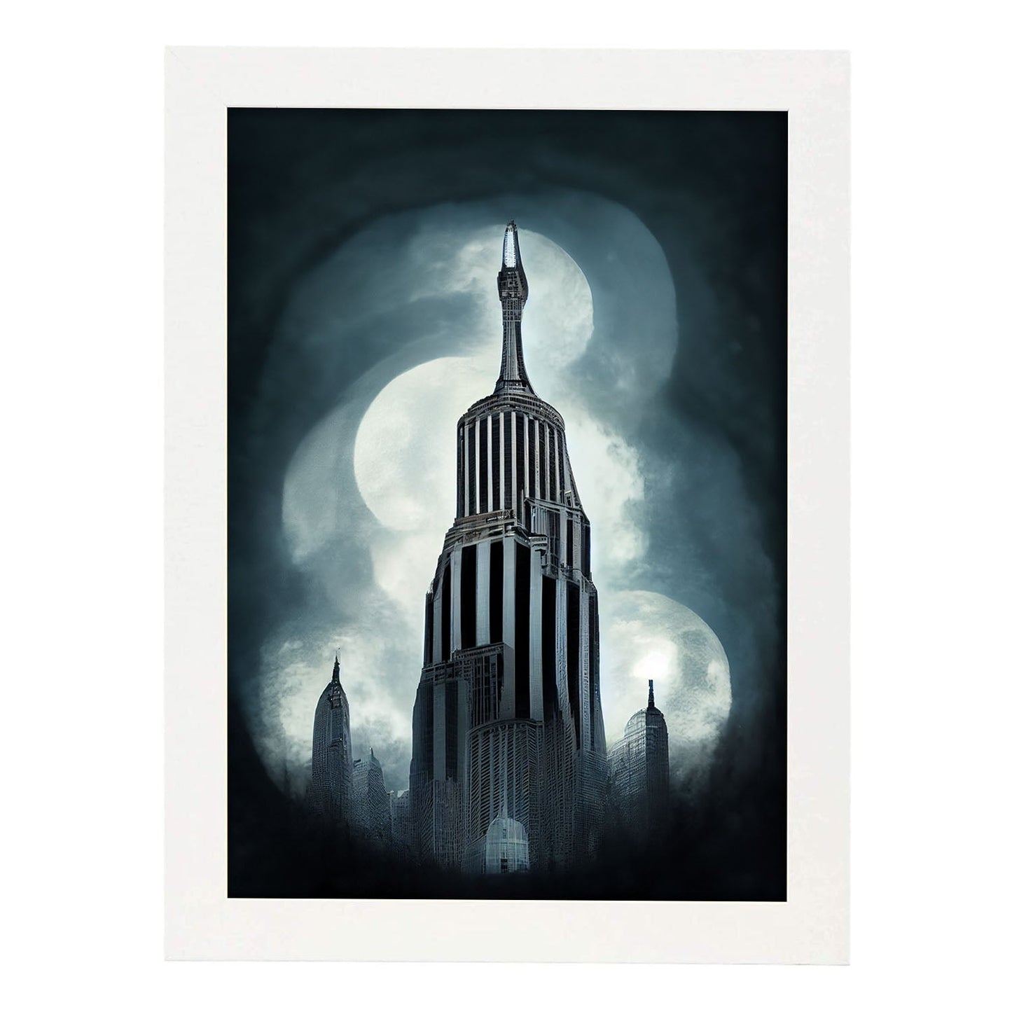 Nacnic Lámina Empire State Audaz al estilo de T. Burton. Ilustraciones de monumentos, ciudades, paises inspiradas en arte gótico y oscuro. Diseño y Decoración de Interiores.-Artwork-Nacnic-A4-Marco Blanco-Nacnic Estudio SL