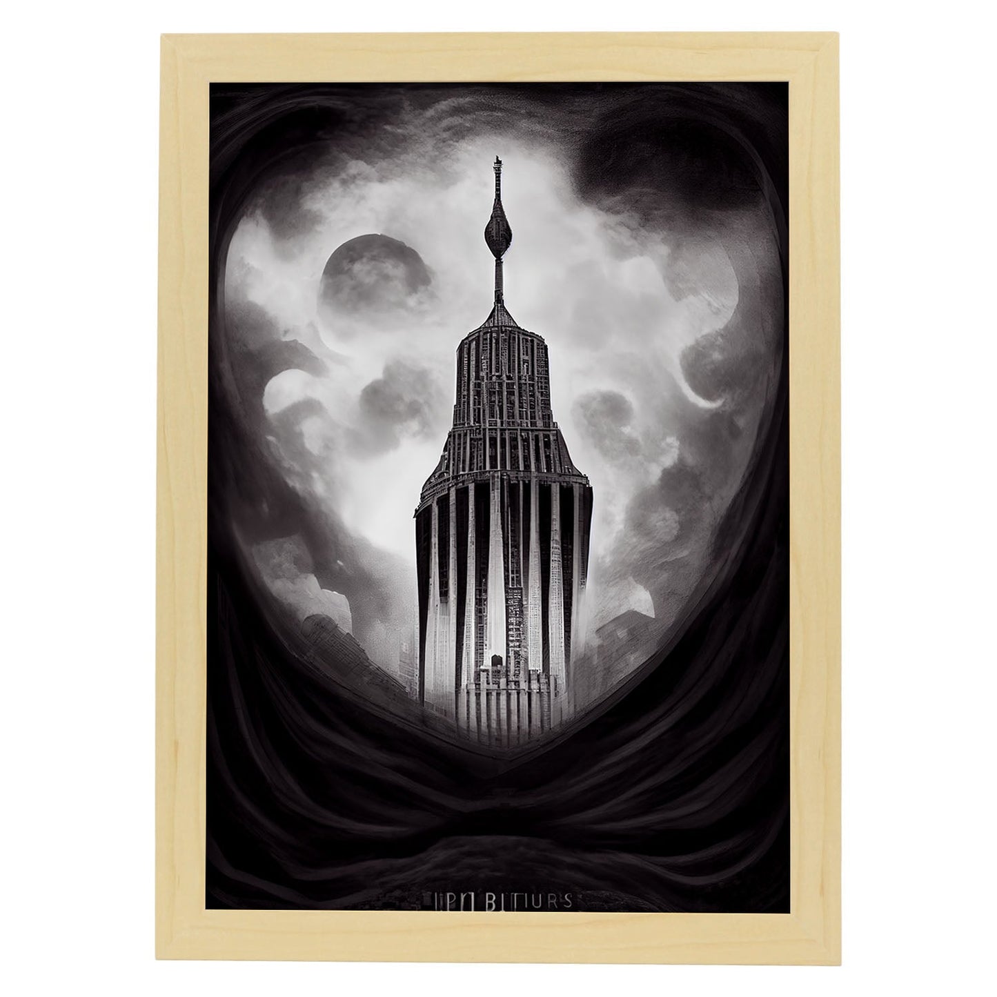 Nacnic Lámina Empire State Intelectual al estilo de T. Burton. Ilustraciones de monumentos, ciudades, paises inspiradas en arte gótico y oscuro. Diseño y Decoración de Interiores.-Artwork-Nacnic-A4-Marco Madera clara-Nacnic Estudio SL