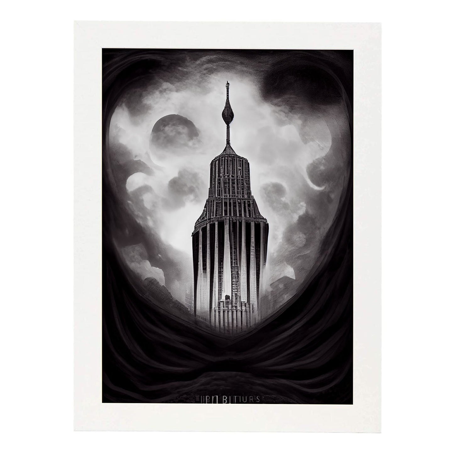Nacnic Lámina Empire State Intelectual al estilo de T. Burton. Ilustraciones de monumentos, ciudades, paises inspiradas en arte gótico y oscuro. Diseño y Decoración de Interiores.-Artwork-Nacnic-A4-Marco Blanco-Nacnic Estudio SL