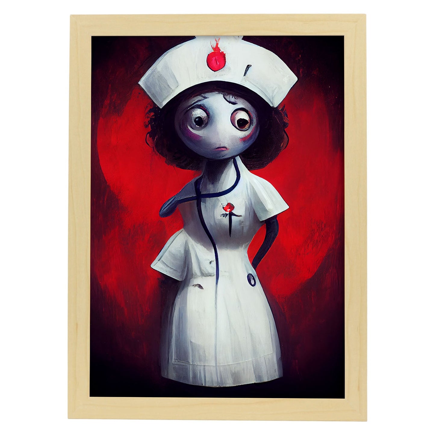 Nacnic Lámina Enfermera Racional al estilo de T. Burton. Ilustraciones de profesiones y oficios inspiradas en arte gótico y oscuro. Diseño y Decoración de Interiores.-Artwork-Nacnic-A3-Marco Madera clara-Nacnic Estudio SL