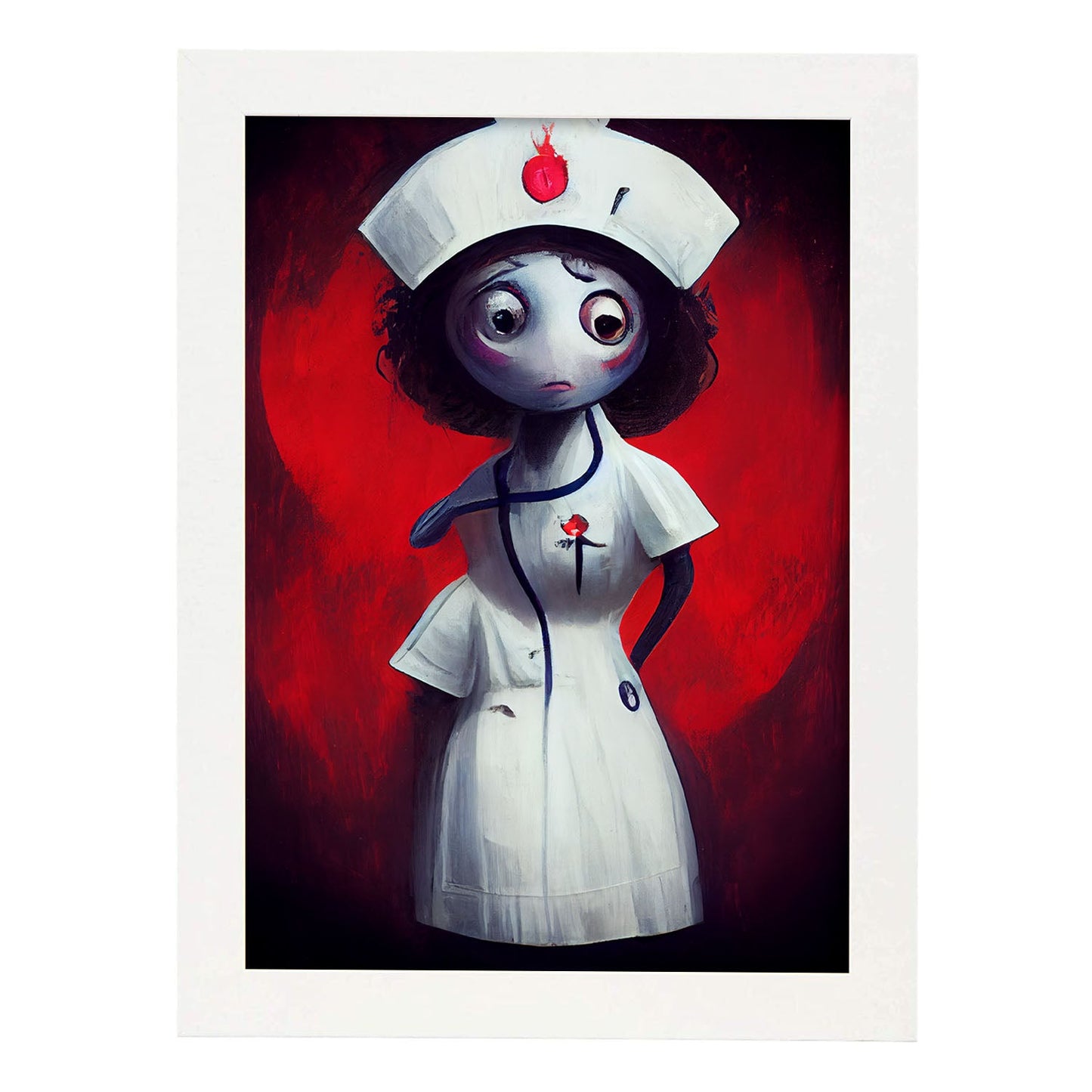 Nacnic Lámina Enfermera Racional al estilo de T. Burton. Ilustraciones de profesiones y oficios inspiradas en arte gótico y oscuro. Diseño y Decoración de Interiores.-Artwork-Nacnic-A3-Marco Blanco-Nacnic Estudio SL
