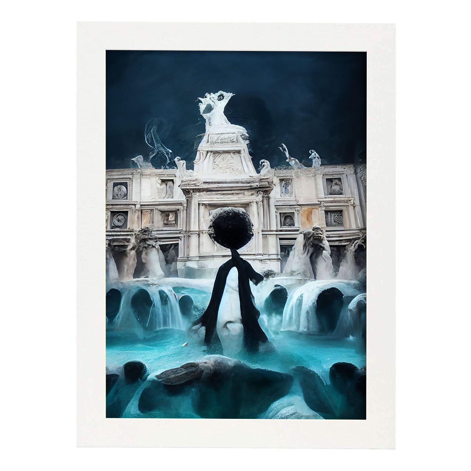 Nacnic Lámina Fontana di Trevi Humilde al estilo de T. Burton. Ilustraciones de monumentos, ciudades, paises inspiradas en arte gótico y oscuro. Diseño y Decoración de Interiores.-Artwork-Nacnic-A4-Marco Blanco-Nacnic Estudio SL
