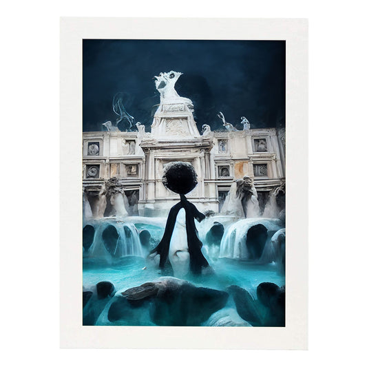 Nacnic Lámina Fontana di Trevi Humilde al estilo de T. Burton. Ilustraciones de monumentos, ciudades, paises inspiradas en arte gótico y oscuro. Diseño y Decoración de Interiores.-Artwork-Nacnic-A4-Marco Blanco-Nacnic Estudio SL