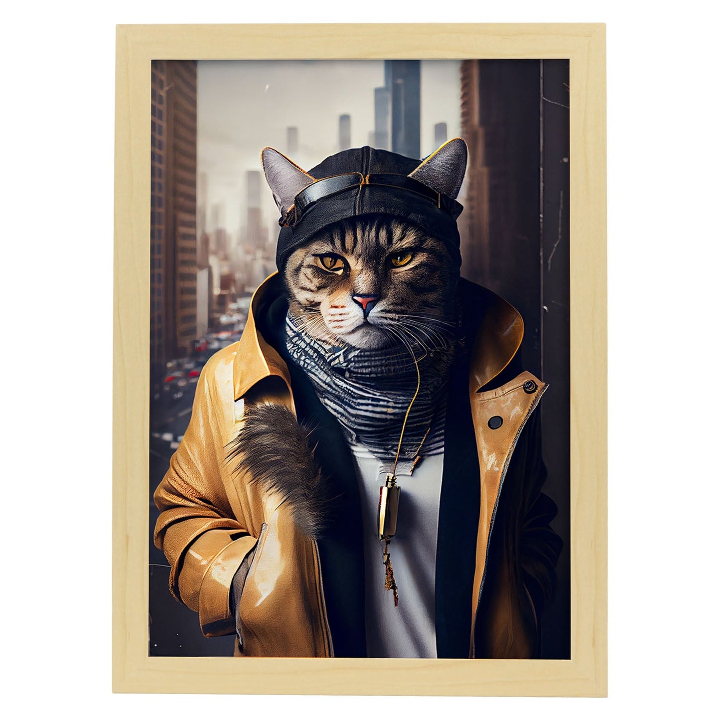 Nacnic Lámina Gato Habana brown Valiente en estilo Fotografía a todo color. Divertidas ilustraciones realistas de animales con ropa humana. Diseño y Decoración de Interiores.-Artwork-Nacnic-A4-Marco Madera clara-Nacnic Estudio SL