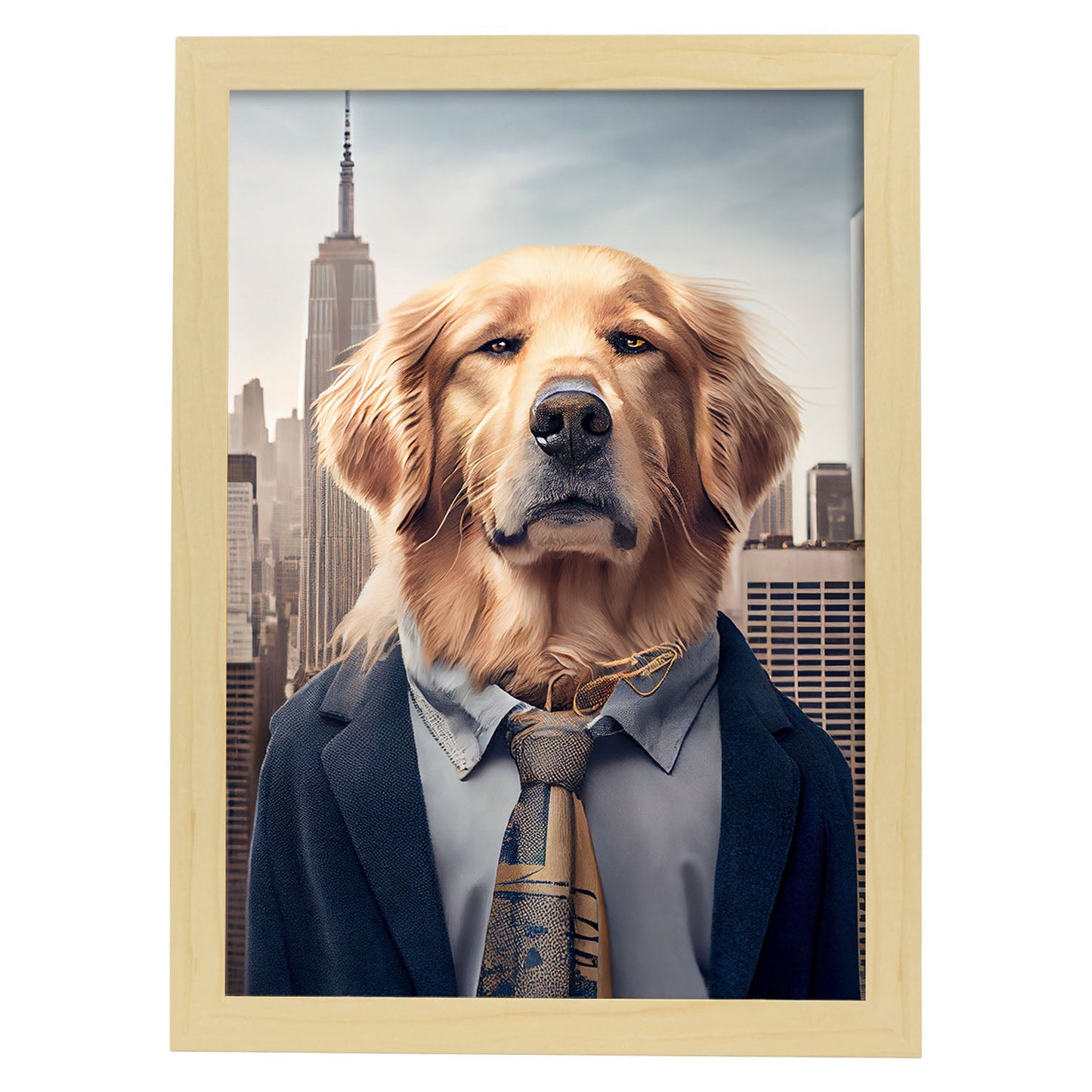 Nacnic Lámina Golden retriever Confiado en estilo Fotografía a todo color. Divertidas ilustraciones realistas de animales con ropa humana. Diseño y Decoración de Interiores.-Artwork-Nacnic-A4-Marco Madera clara-Nacnic Estudio SL