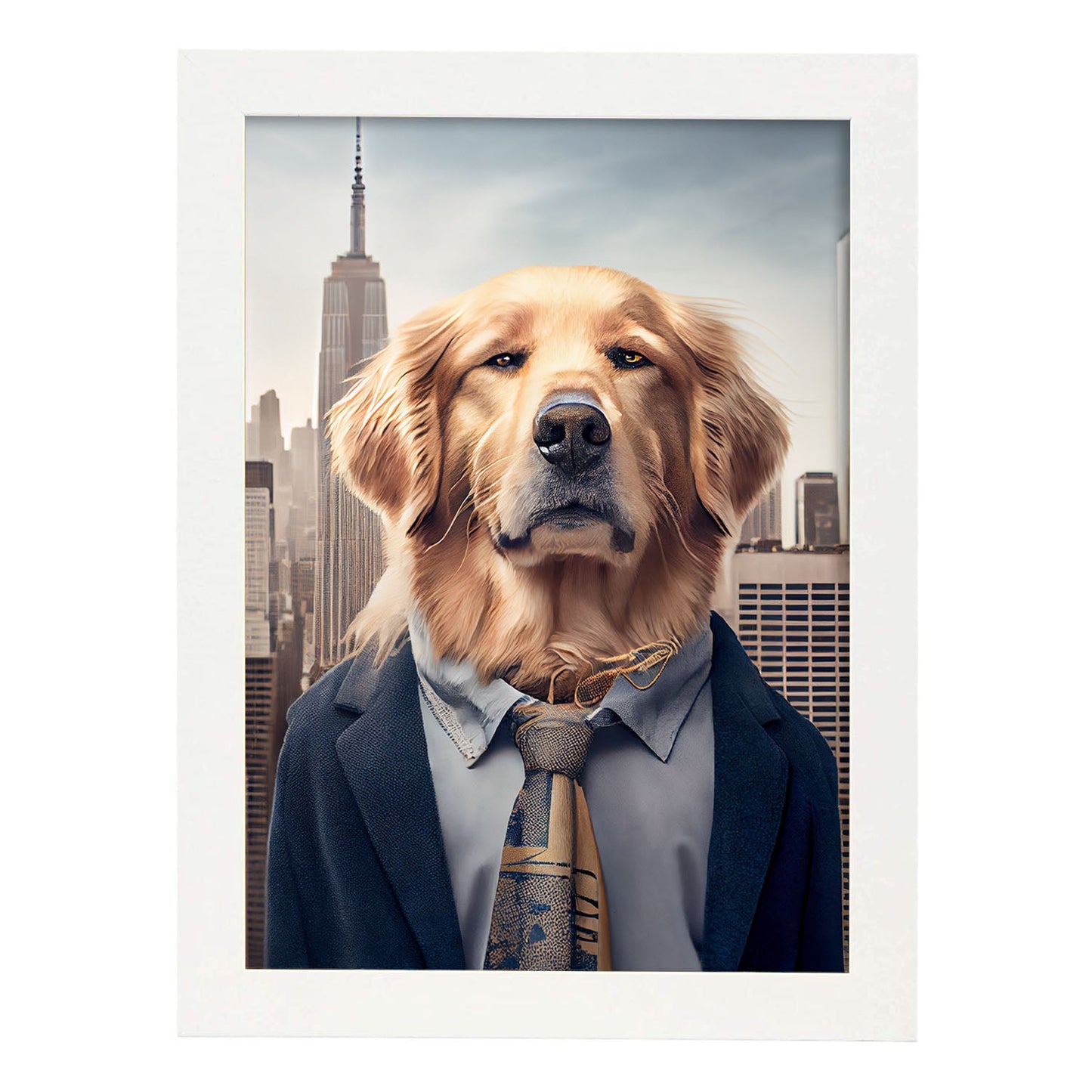 Nacnic Lámina Golden retriever Confiado en estilo Fotografía a todo color. Divertidas ilustraciones realistas de animales con ropa humana. Diseño y Decoración de Interiores.-Artwork-Nacnic-A4-Marco Blanco-Nacnic Estudio SL