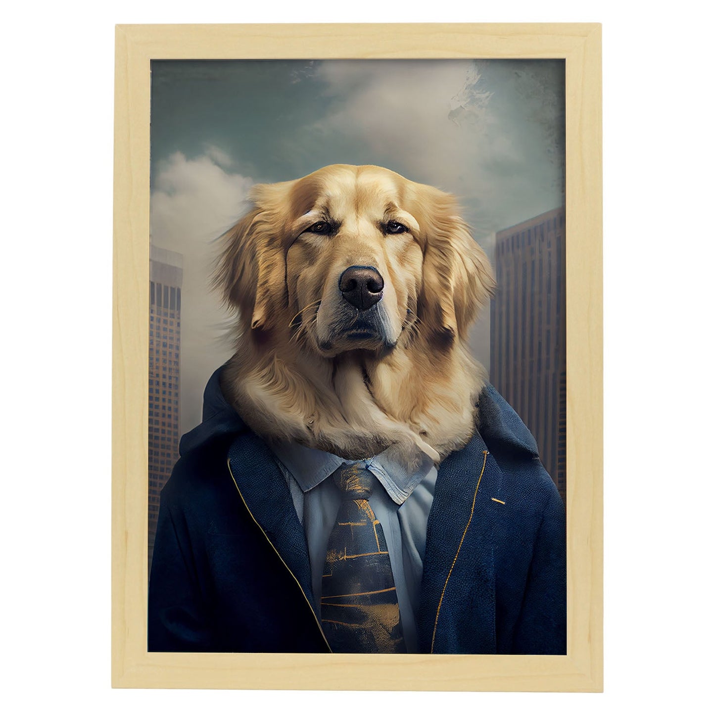 Nacnic Lámina Golden Retriever Leal en estilo Fotografía a todo color. Divertidas ilustraciones realistas de animales con ropa humana. Diseño y Decoración de Interiores.-Artwork-Nacnic-A4-Marco Madera clara-Nacnic Estudio SL