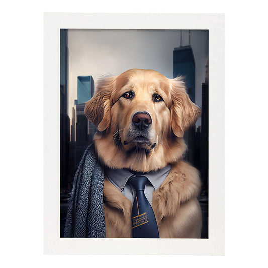Nacnic Lámina Golden Retriever Racional en estilo Fotografía a todo color. Divertidas ilustraciones realistas de animales con ropa humana. Diseño y Decoración de Interiores.-Artwork-Nacnic-A4-Marco Blanco-Nacnic Estudio SL