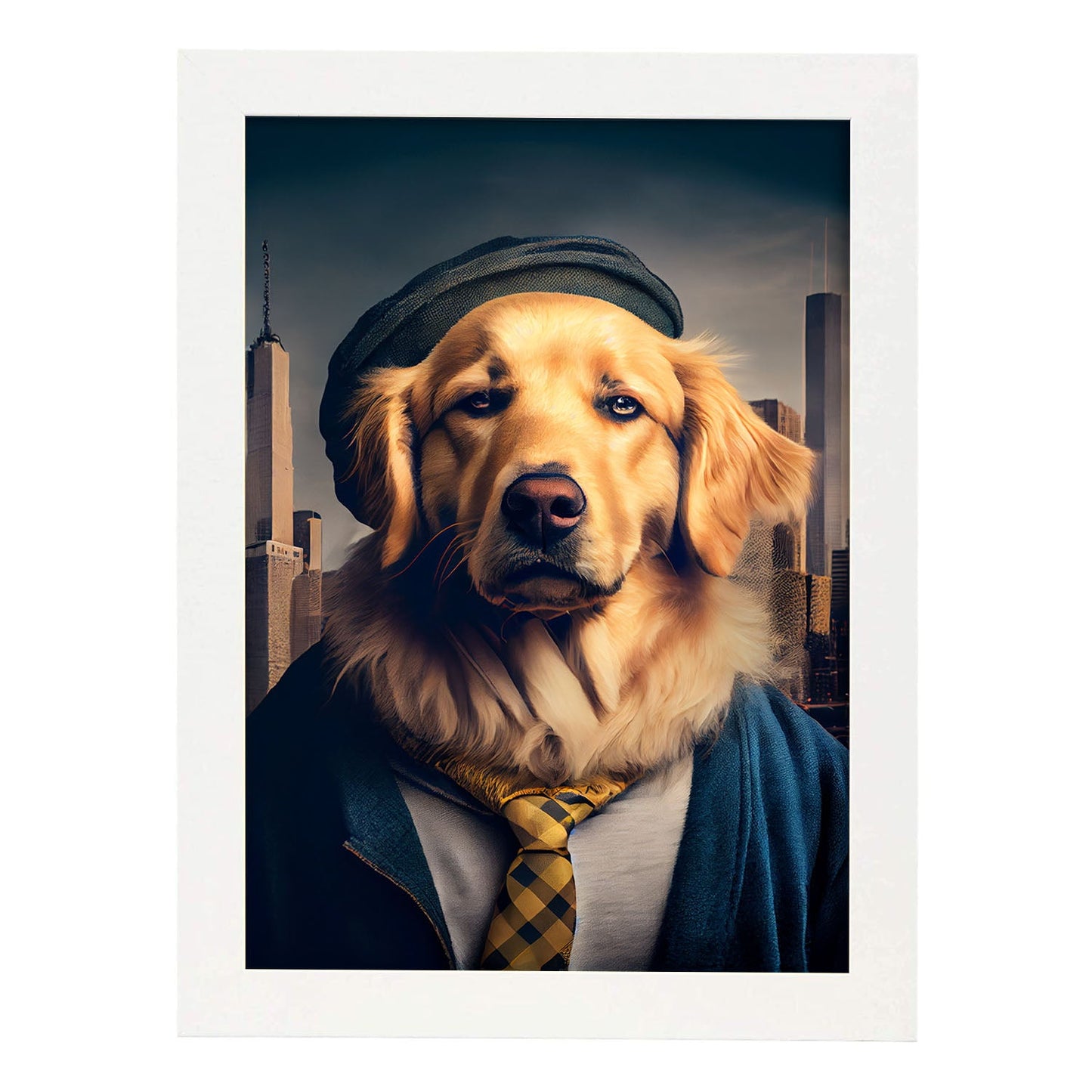 Nacnic Lámina Golden retriever Sensible en estilo Fotografía a todo color. Divertidas ilustraciones realistas de animales con ropa humana. Diseño y Decoración de Interiores.-Artwork-Nacnic-A4-Marco Blanco-Nacnic Estudio SL